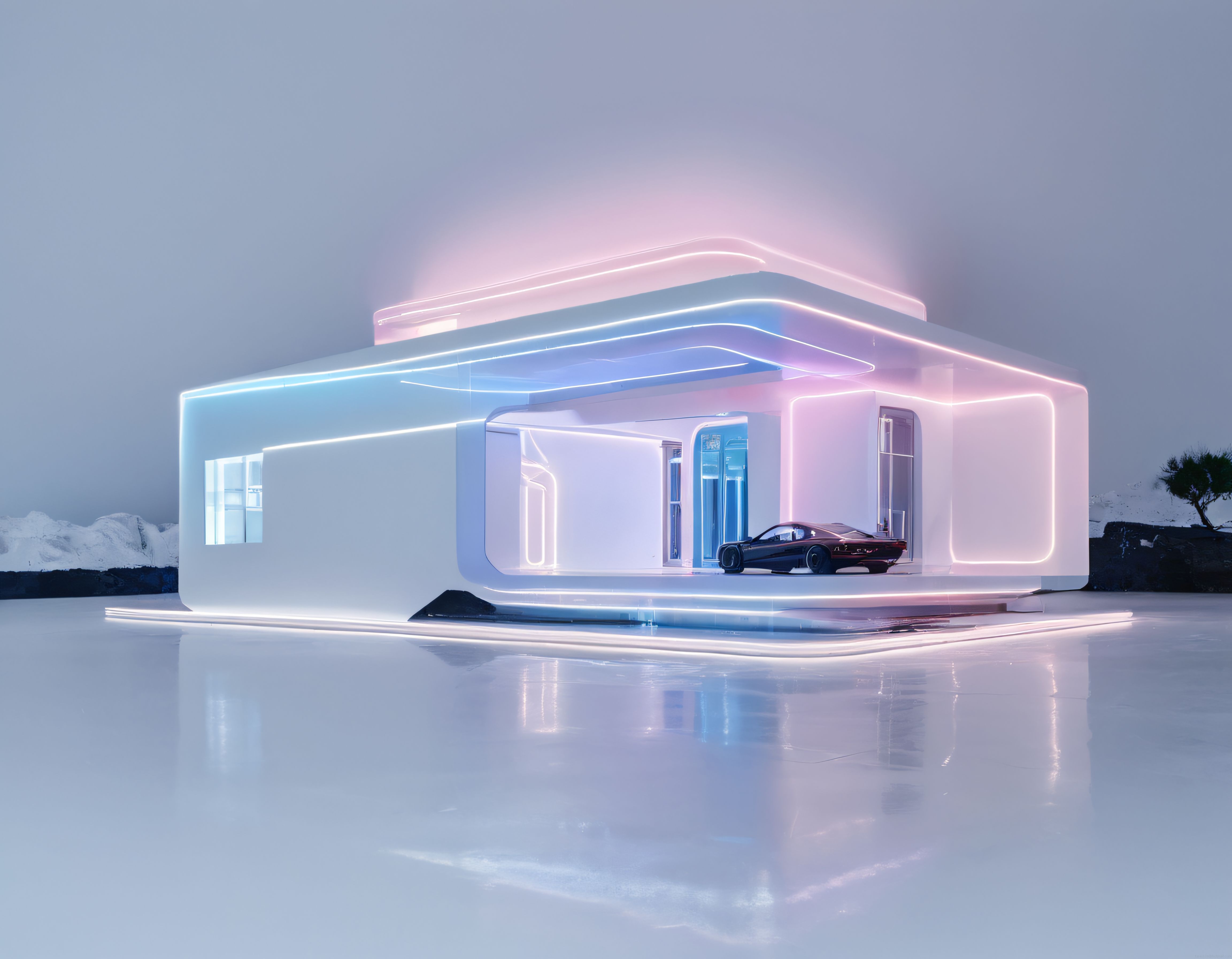 Fütüristik Neon Aydınlatmalı Minimalist Villa ve Spor Araba ile Geleceğin Mimarisi