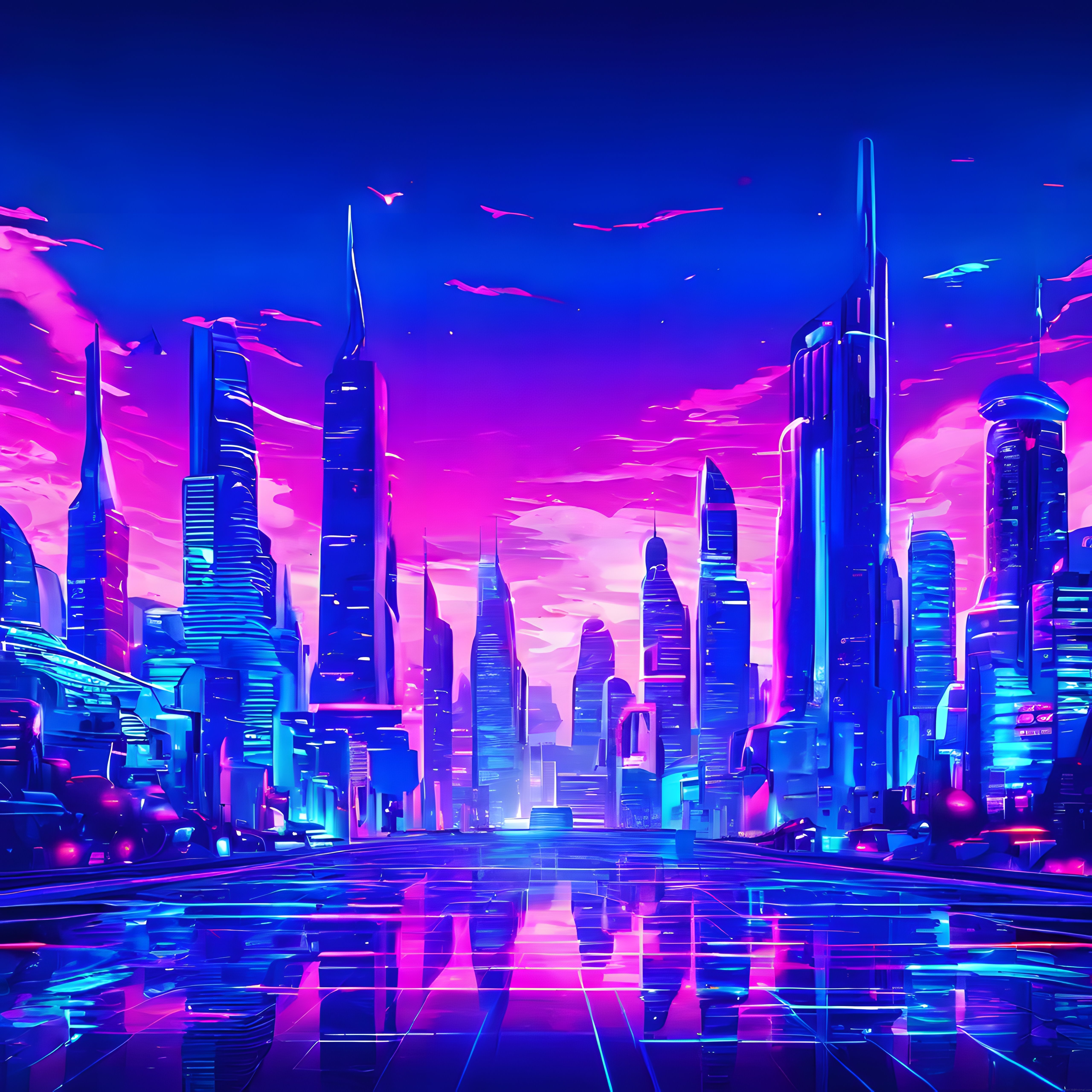 Fütüristik Neon Şehir: Cyberpunk Gökyüzü ve Yansımalı Bulvar Manzarası