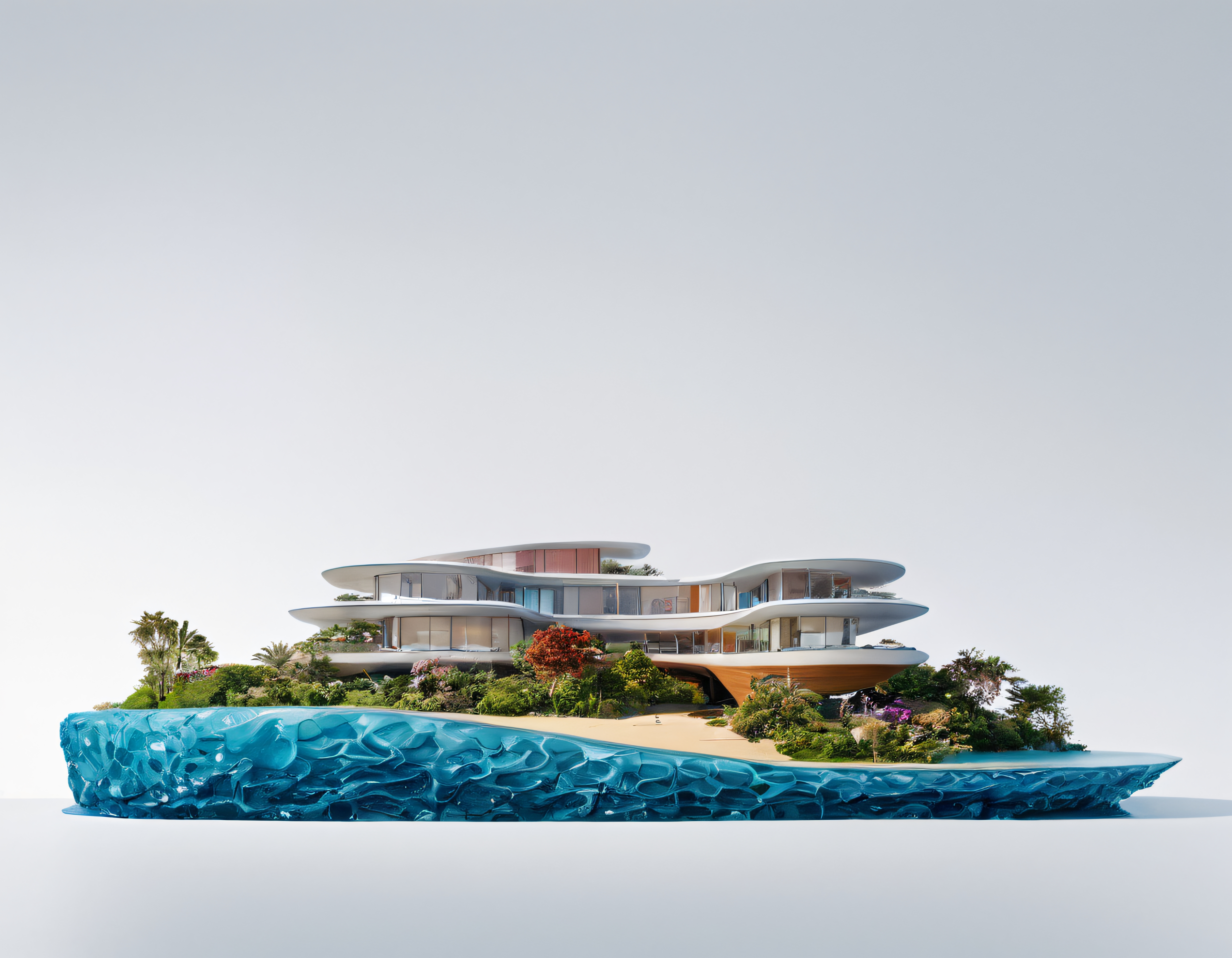 Fütüristik Organik Formlu Modern Konsept Villa ve Tropikal Ada Peyzajı