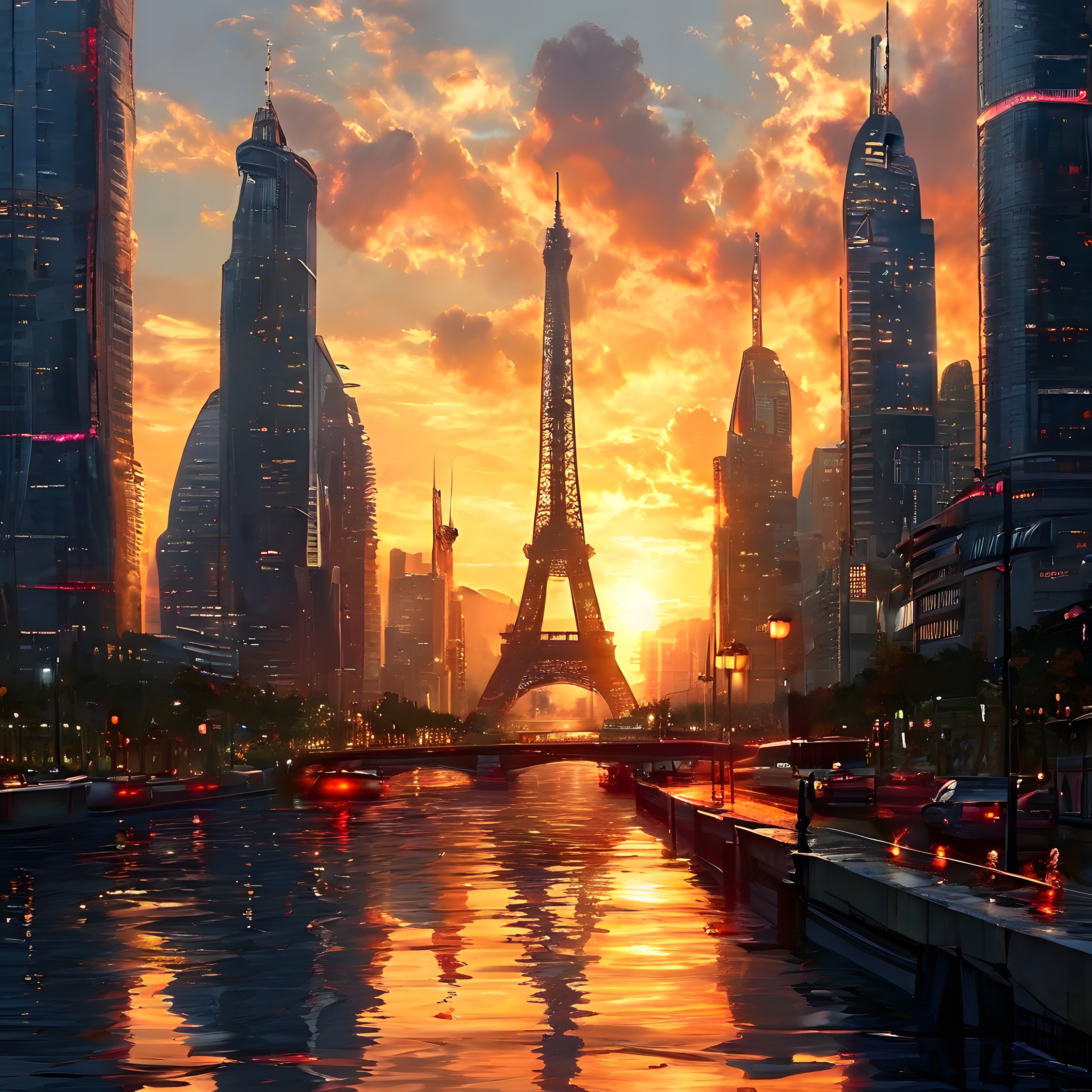 Fütüristik Paris Gün Batımında Eyfel Kulesi ve Gelecek Şehir Silueti