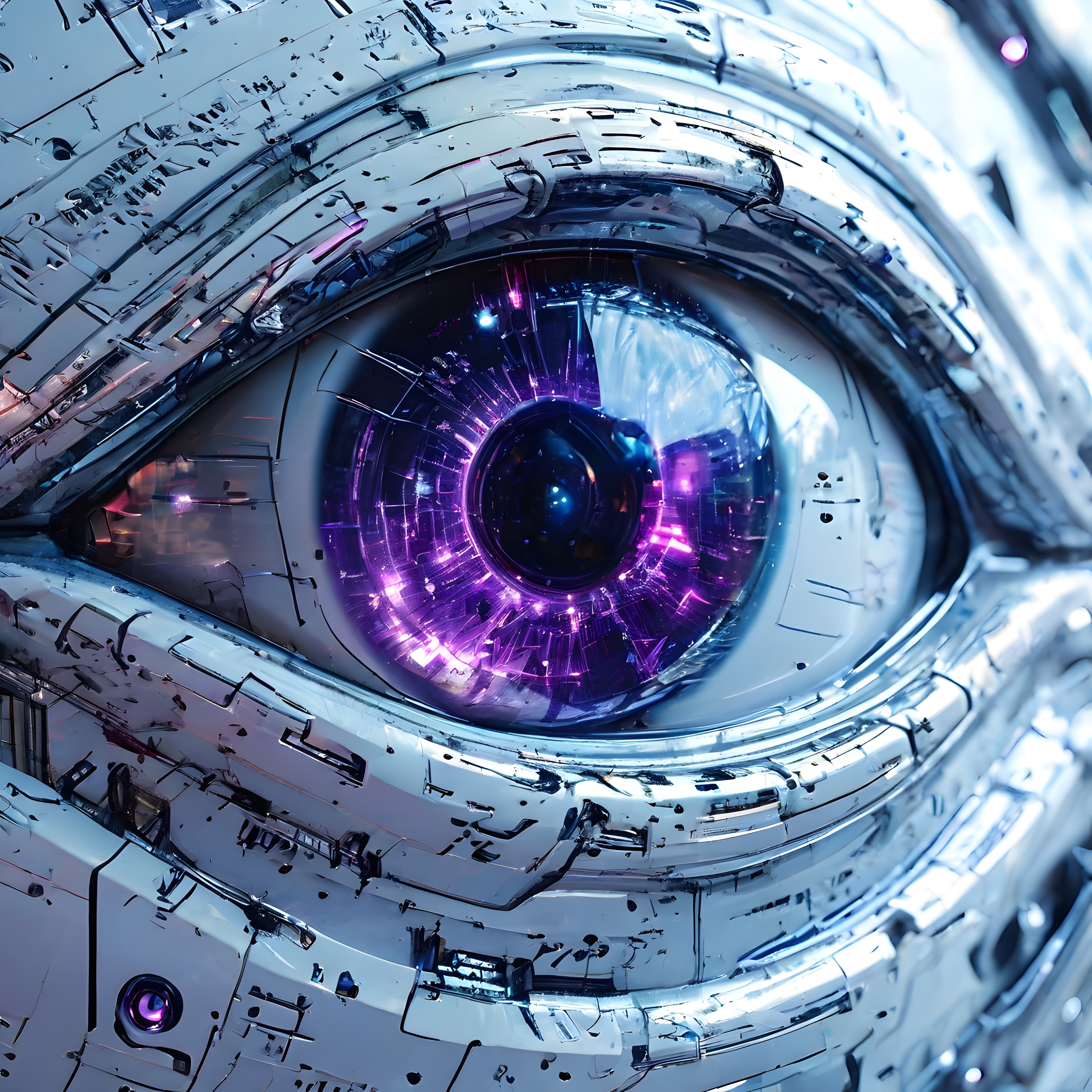 Fütüristik Robot Gözü: Mor Neon Işıklarla Cyberpunk Mekanik İris Detayı