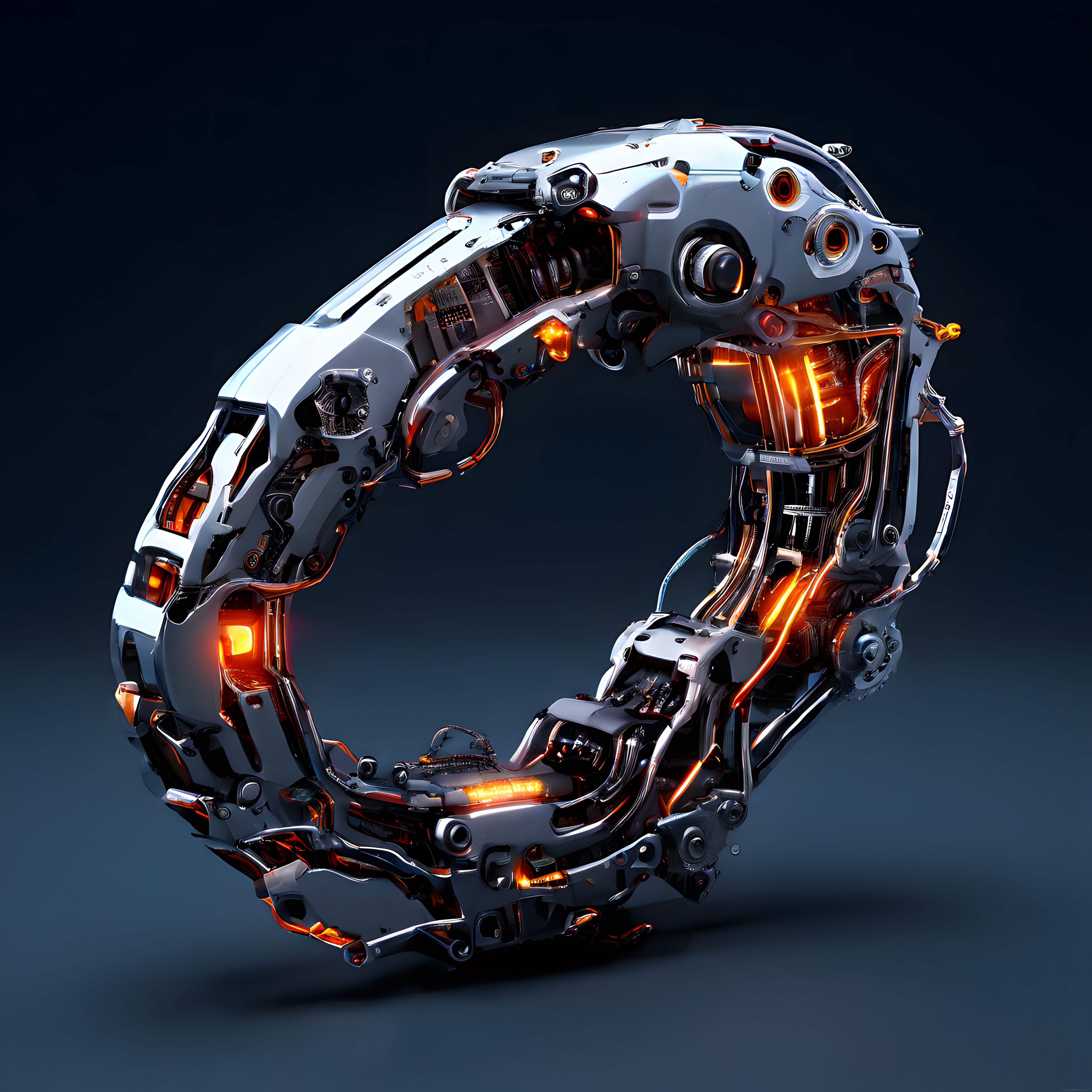 Fütüristik Robotik Mekanik Tasarım ve Parlayan Turuncu Neon Işık Detayları