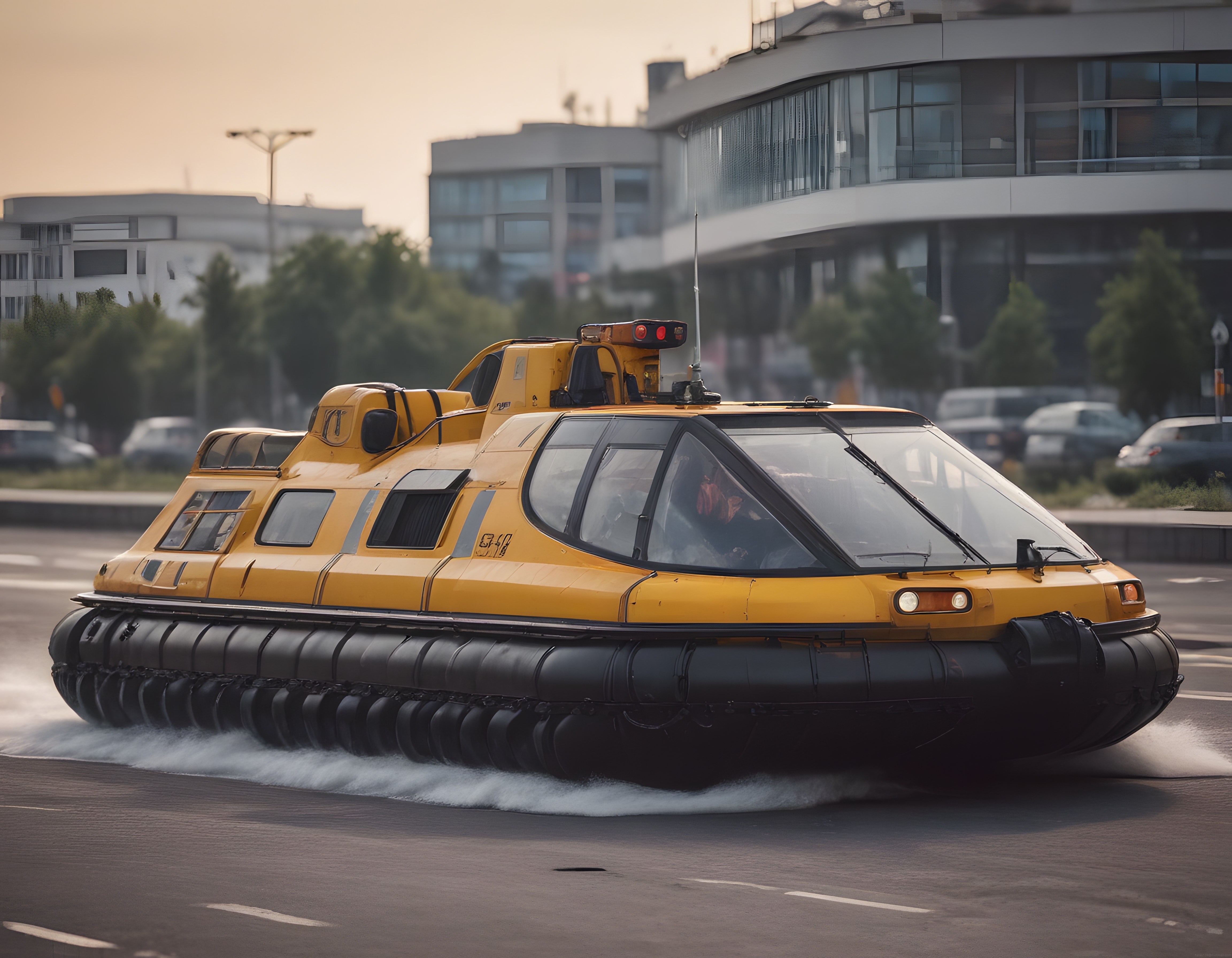 Fütüristik sarı hava yastıklı araç modern şehirde ilerliyor
