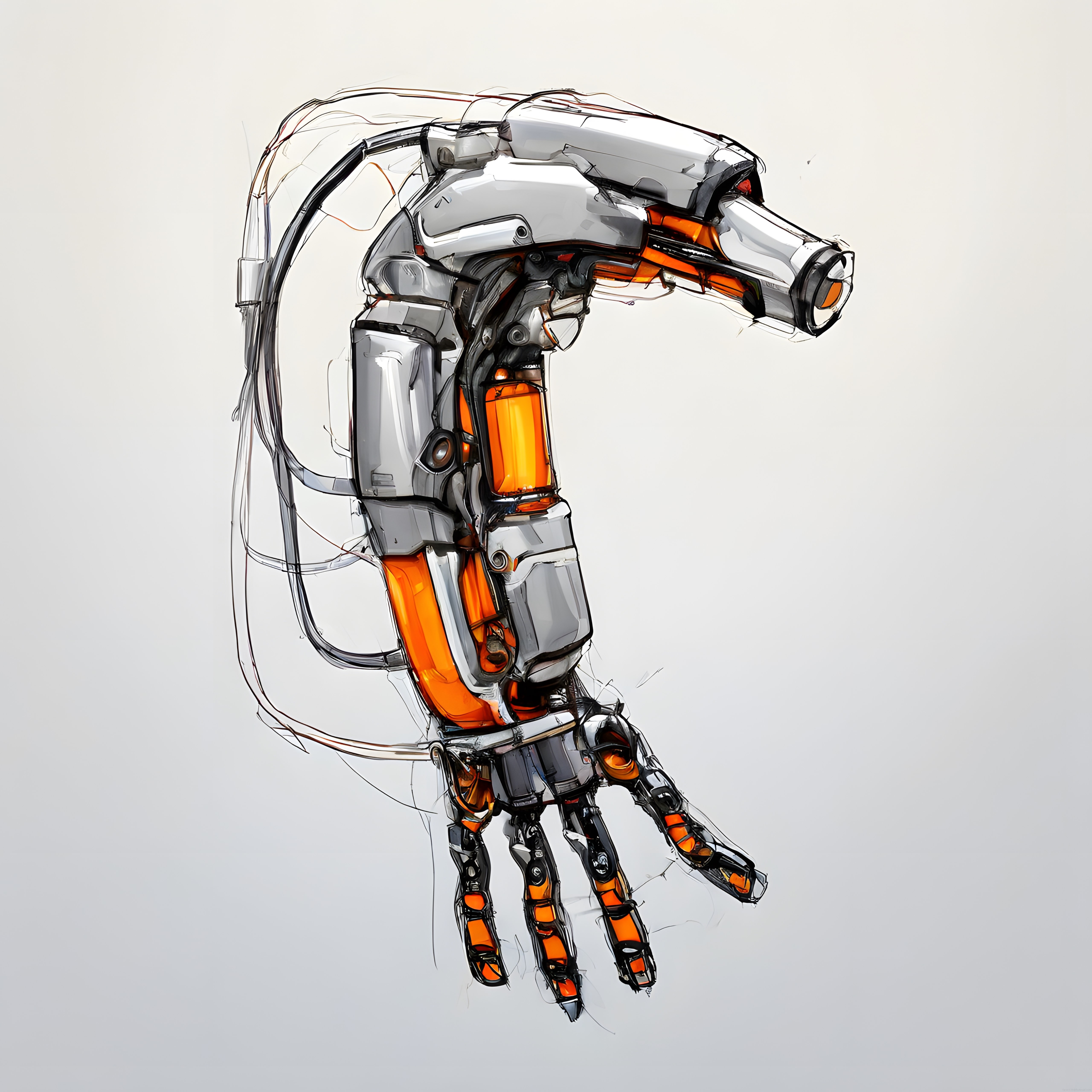 Fütüristik turuncu ışıklı endüstriyel robot kol ve el konsept çizimi
