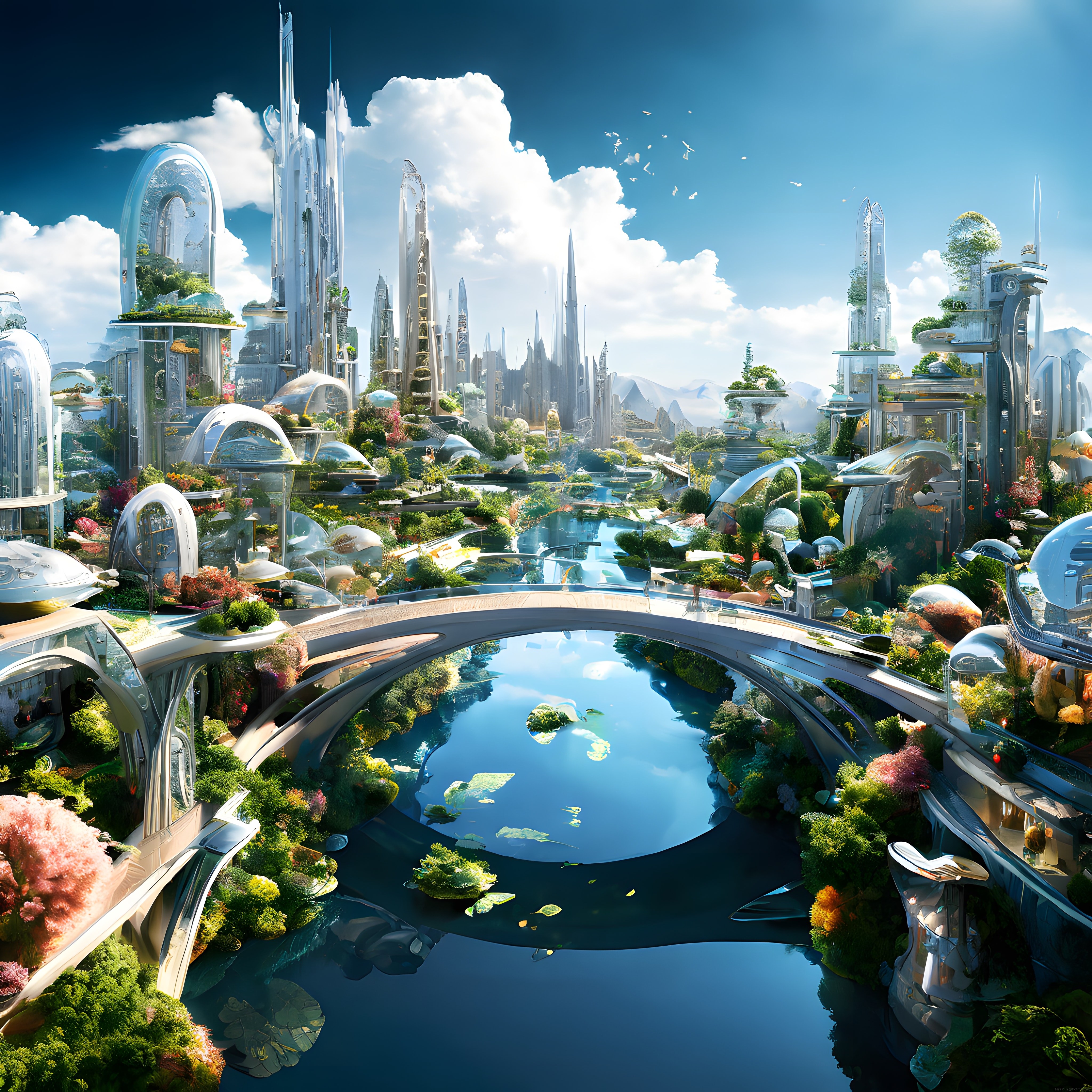 Fütüristik Yeşil Şehirde Ekolojik Mimari ve Göl Manzaralı Utopik Yaşam Alanı