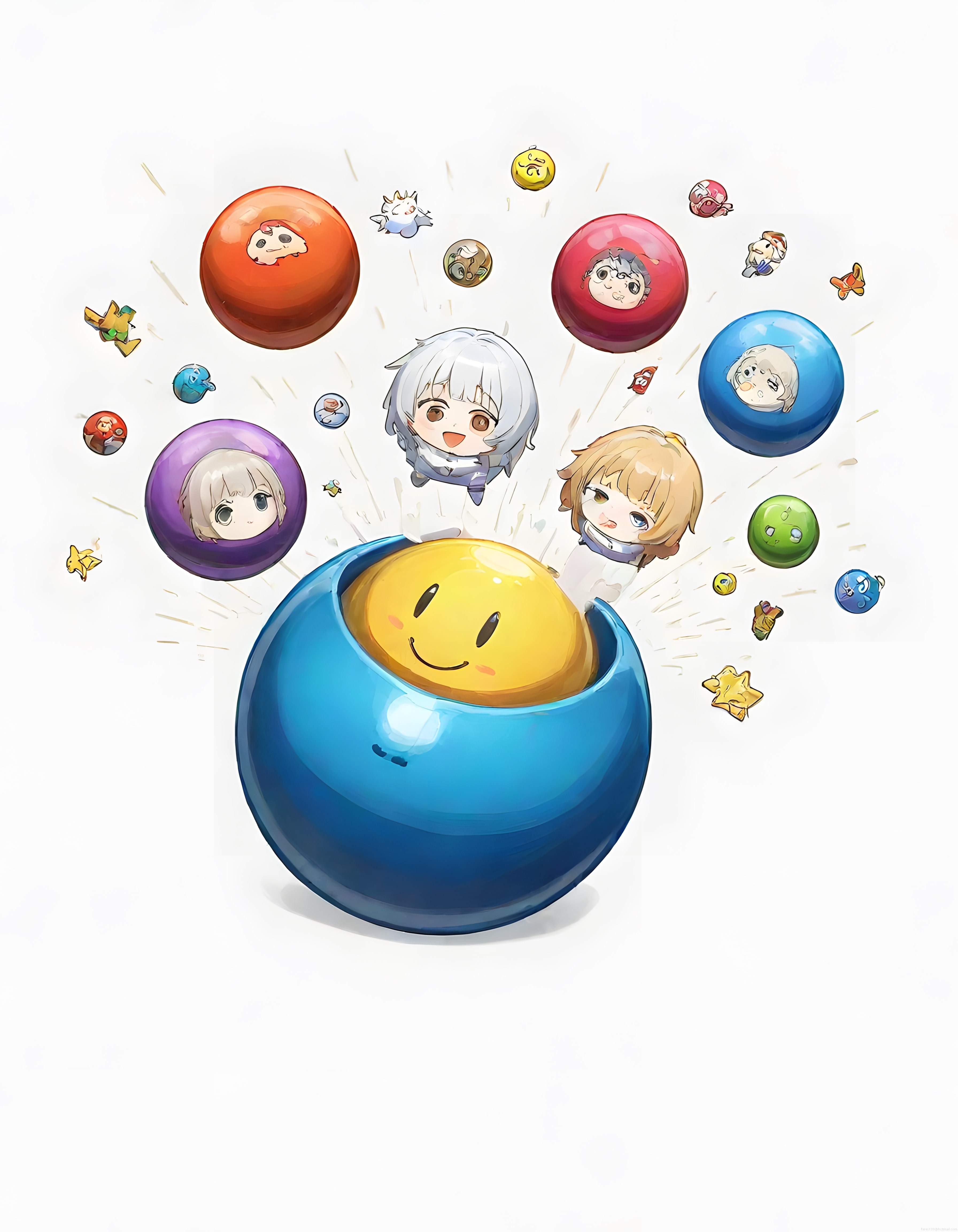 Gacha Makinesinden Fırlayan Sevimli Anime Karakterleri ve Renkli Kapsüller Gacha Makinesinden Fırlayan Sevimli Anime Karakterleri ve Renkli Kapsüller