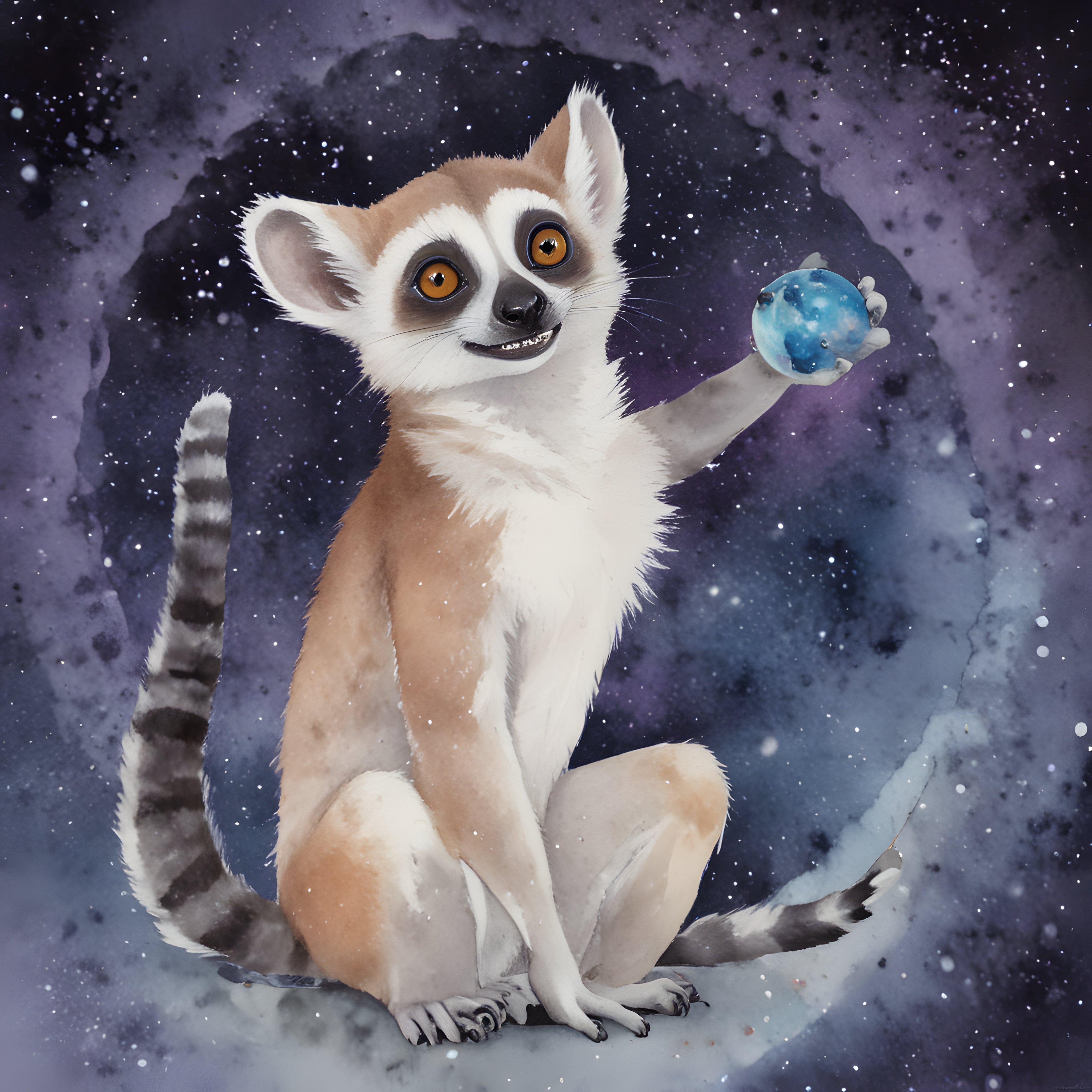 Galaksi Arka Planında Oturan Sevimli Lemur ve Küçük Mavi Gezegeni