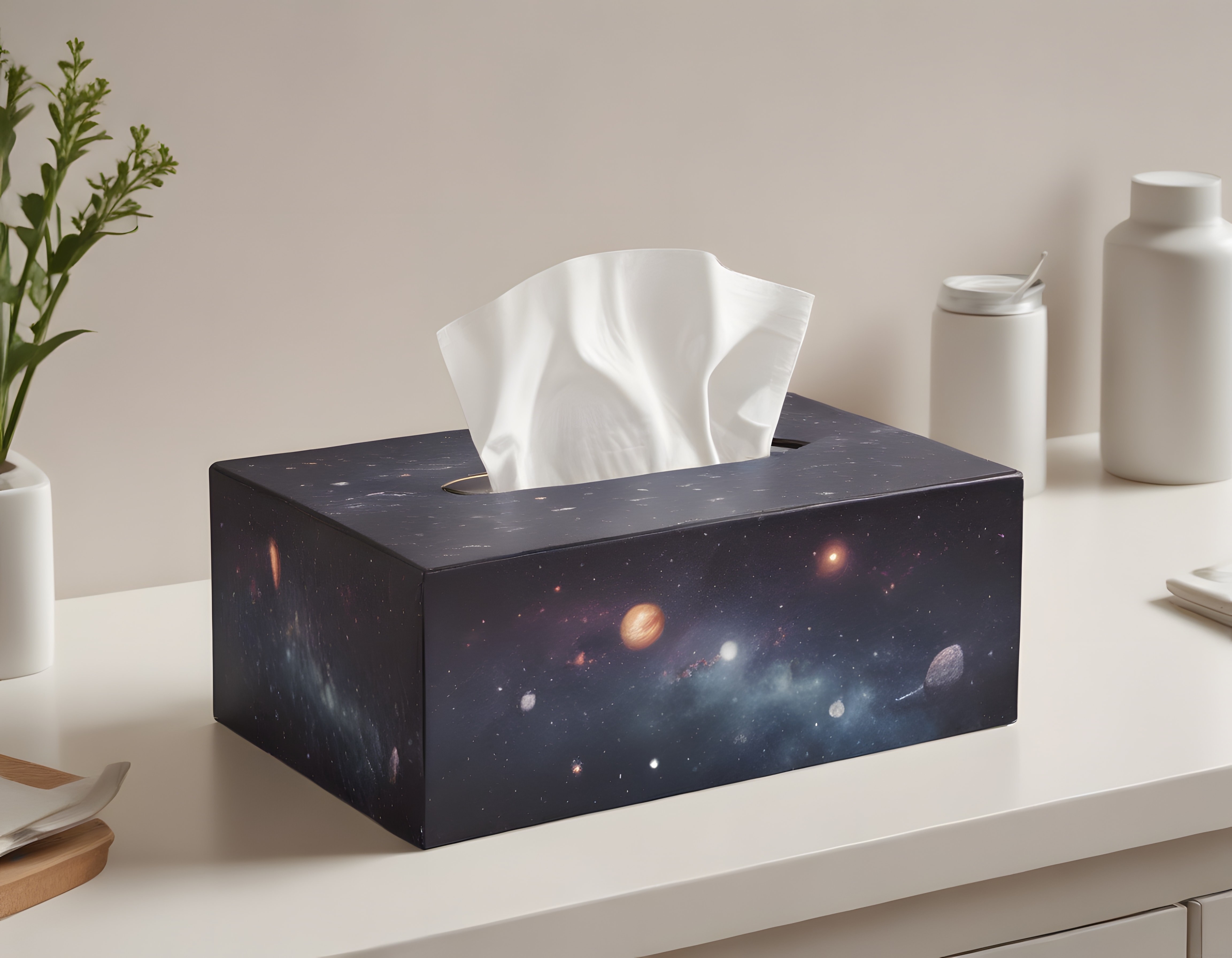 Galaksi Baskılı Şık Peçete Kutusu ve Minimalist Beyaz Oda Dekorasyonu