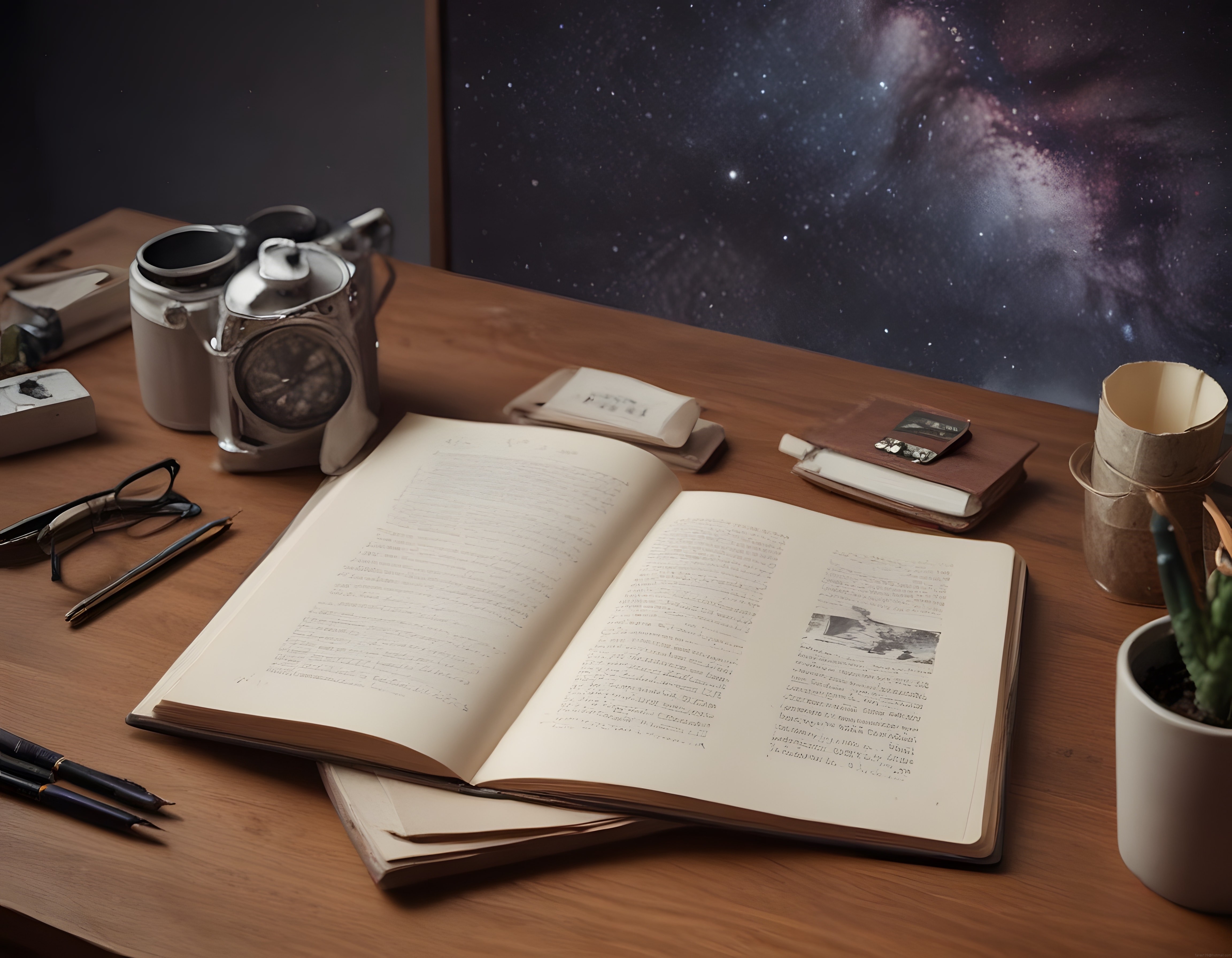 Galaksi Manzaralı Antika Çalışma Masasında Eski Kitap ve Astronomi Araçları