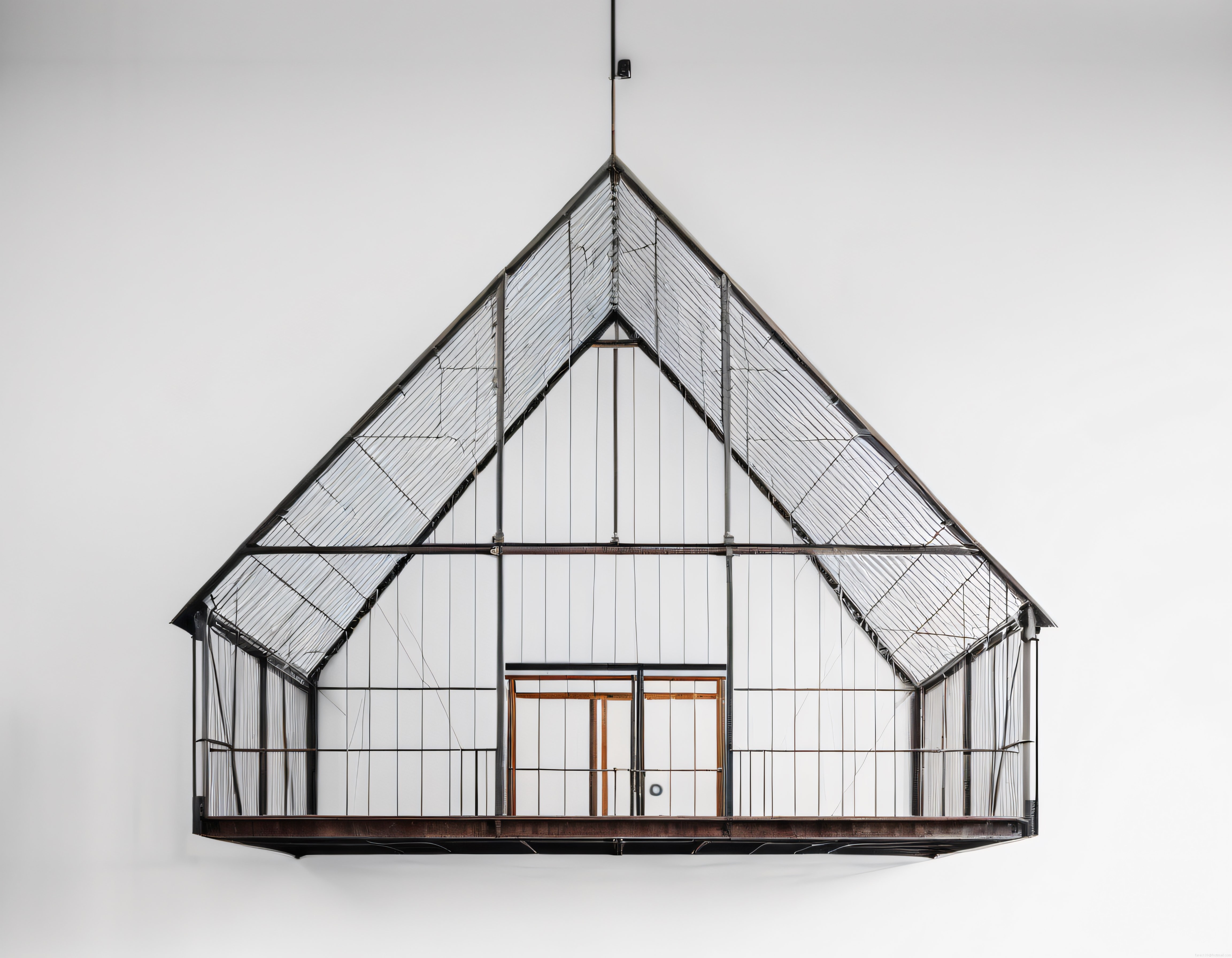 Galeri Duvarına Asılı Tel İskelet Ev Heykeli: Minimalist Mimari Sanat