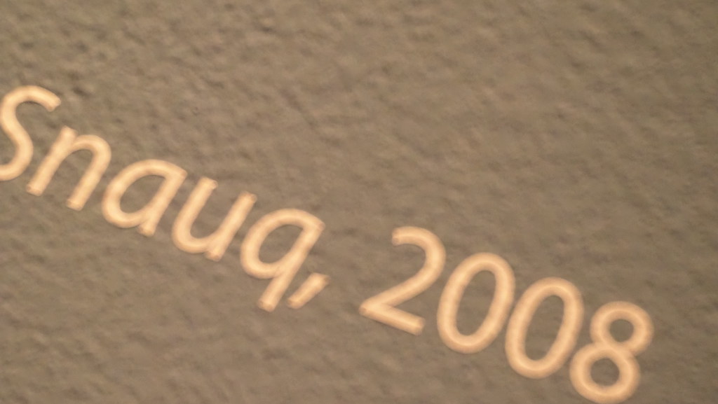 Galeri duvarında Snauq 2008 yazılı sanat eseri tanıtım etiketi yakın plan