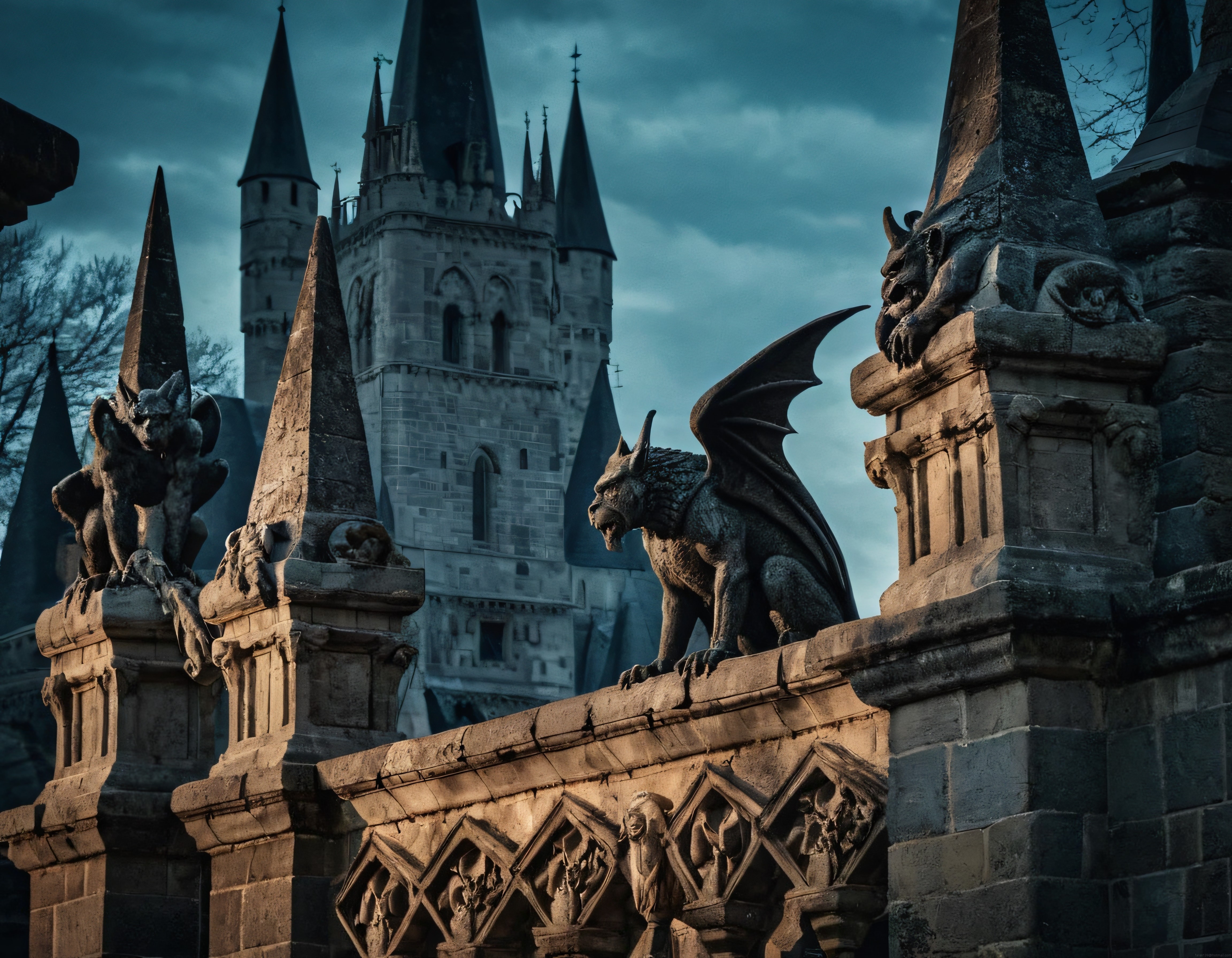 Gargoyle Heykelleri ve Gotik Kulelerle Büyüleyici Ortaçağ Kalesi Görüntüsü