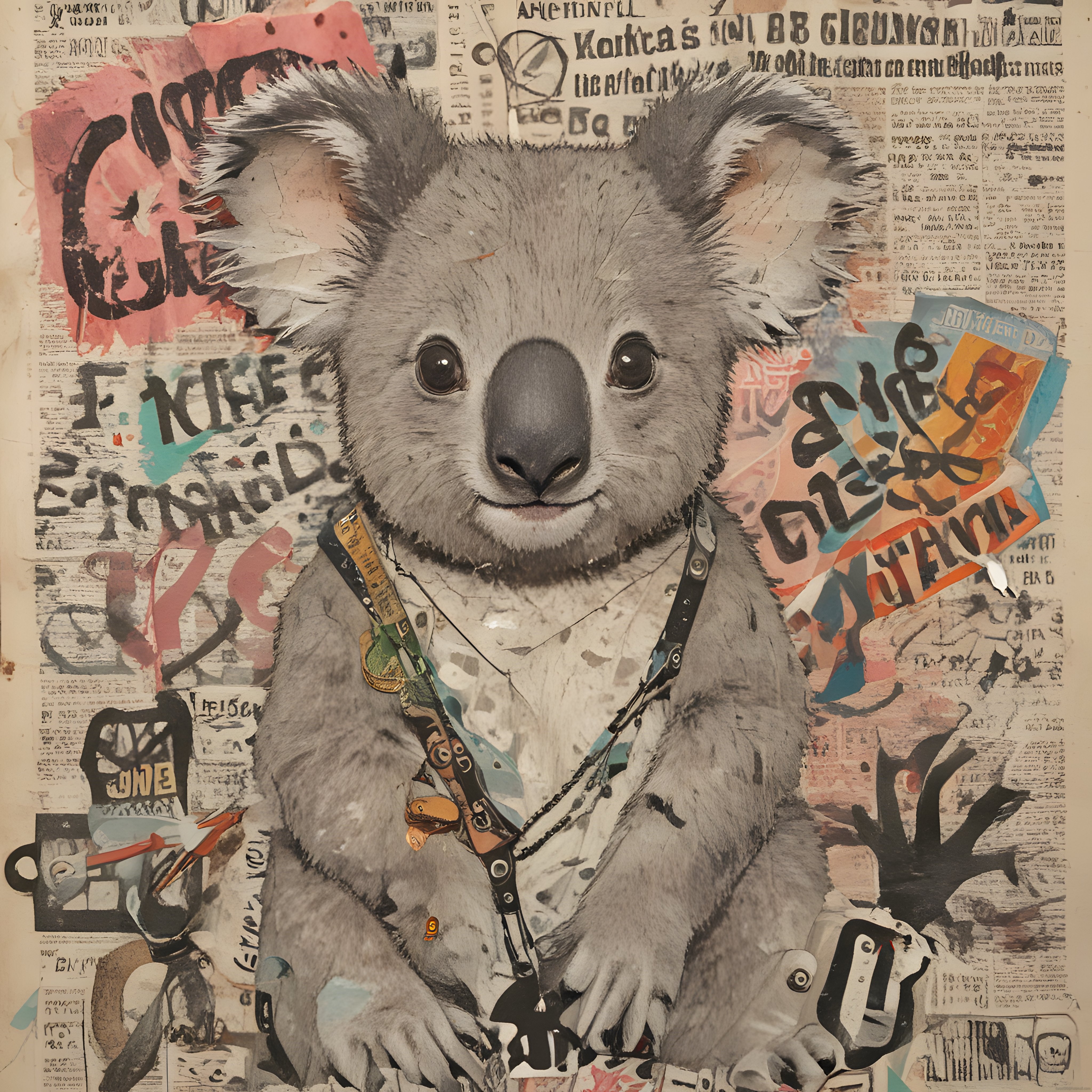 Gazete ve Grafiti Kolajı Arka Planında Vintage Çantalı Sevimli Koala Portresi