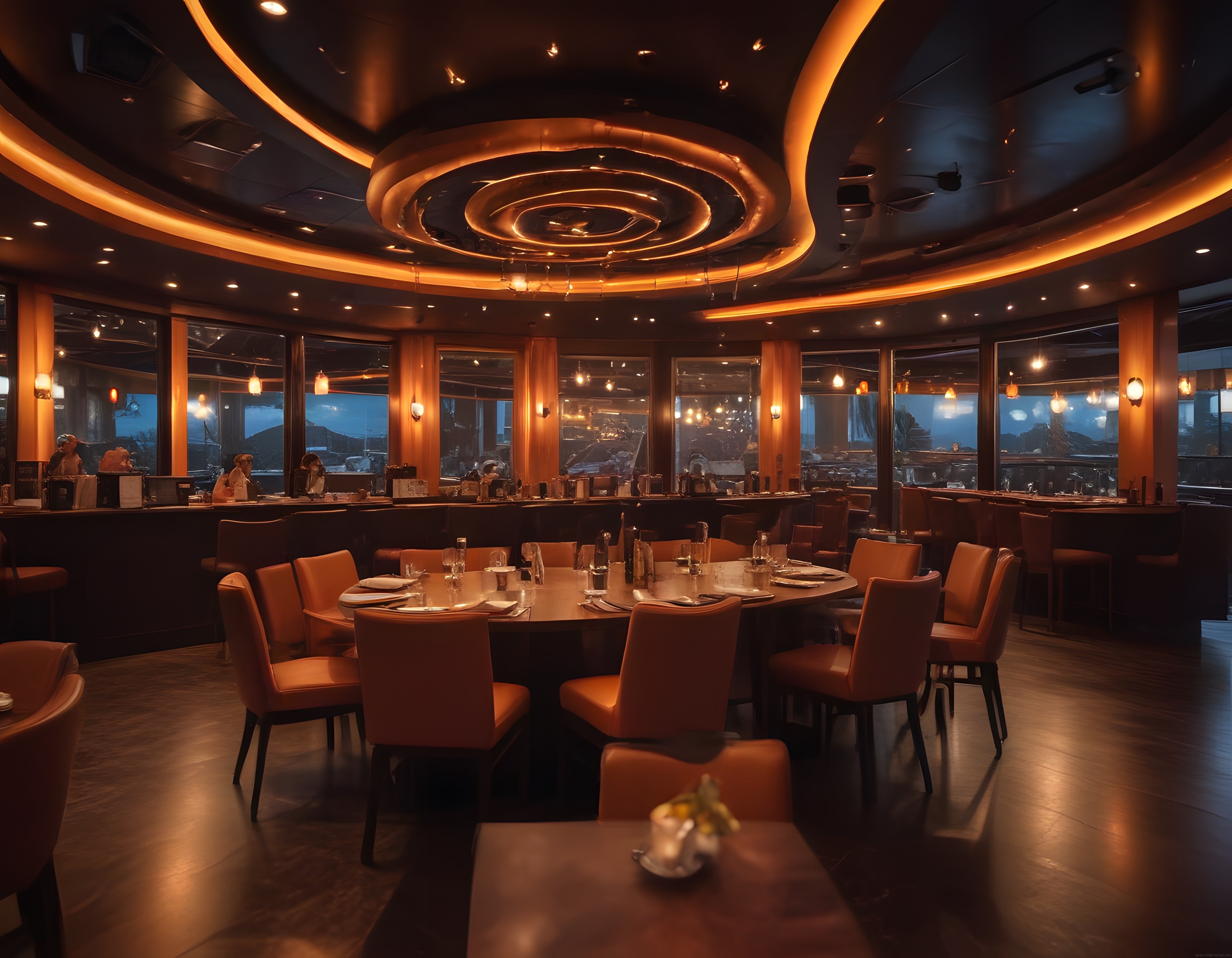 Gece Atmosferli Lüks Restoran İç Mekan ve Modern Aydınlatma Tasarımı