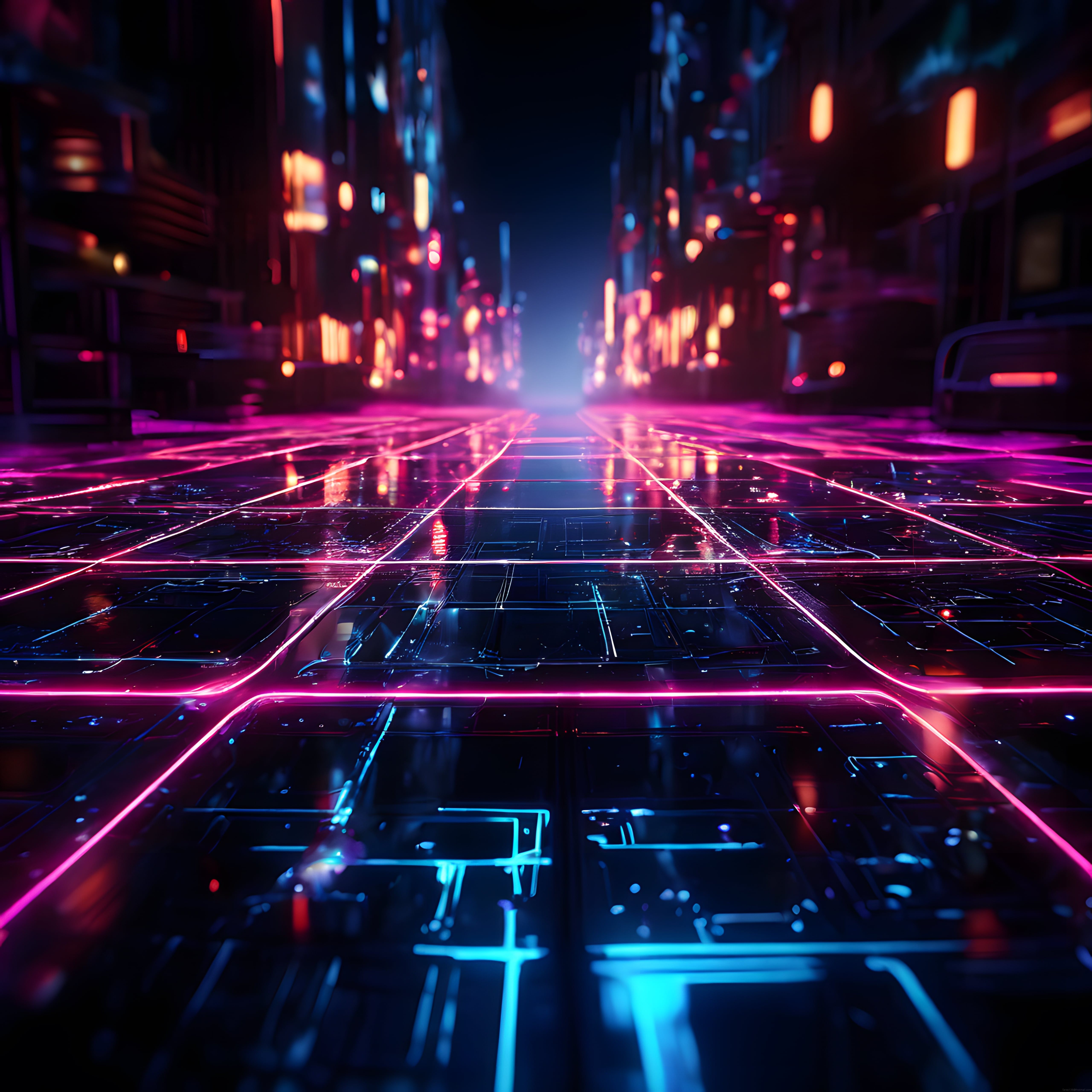 gece atmosferli neon aydınlatmalı cyberpunk şehir ve ıslak yol yansımaları
