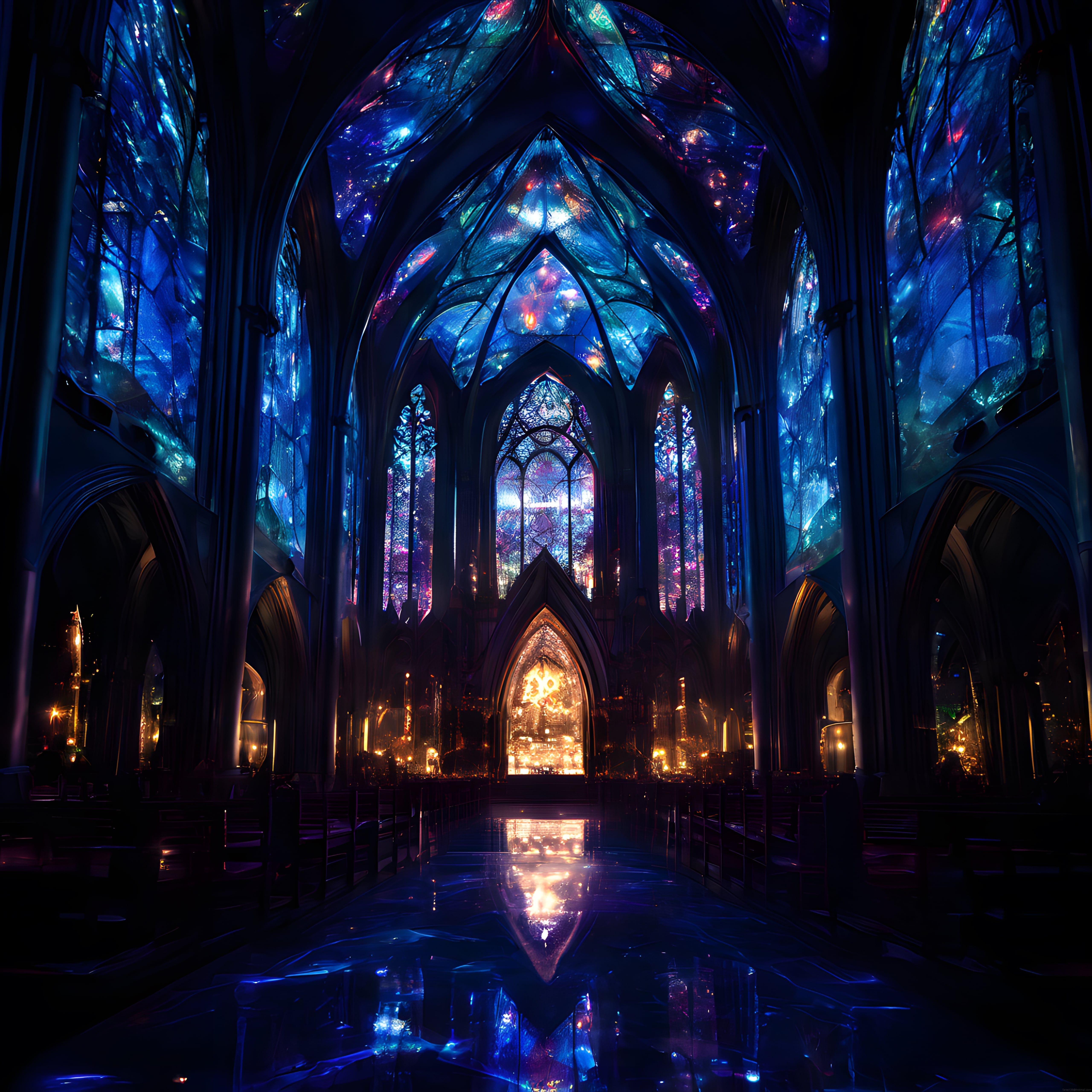 Gece Aydınlatmalı Gotik Katedral İçi: Renkli Vitrayların Gizemli Yansıması