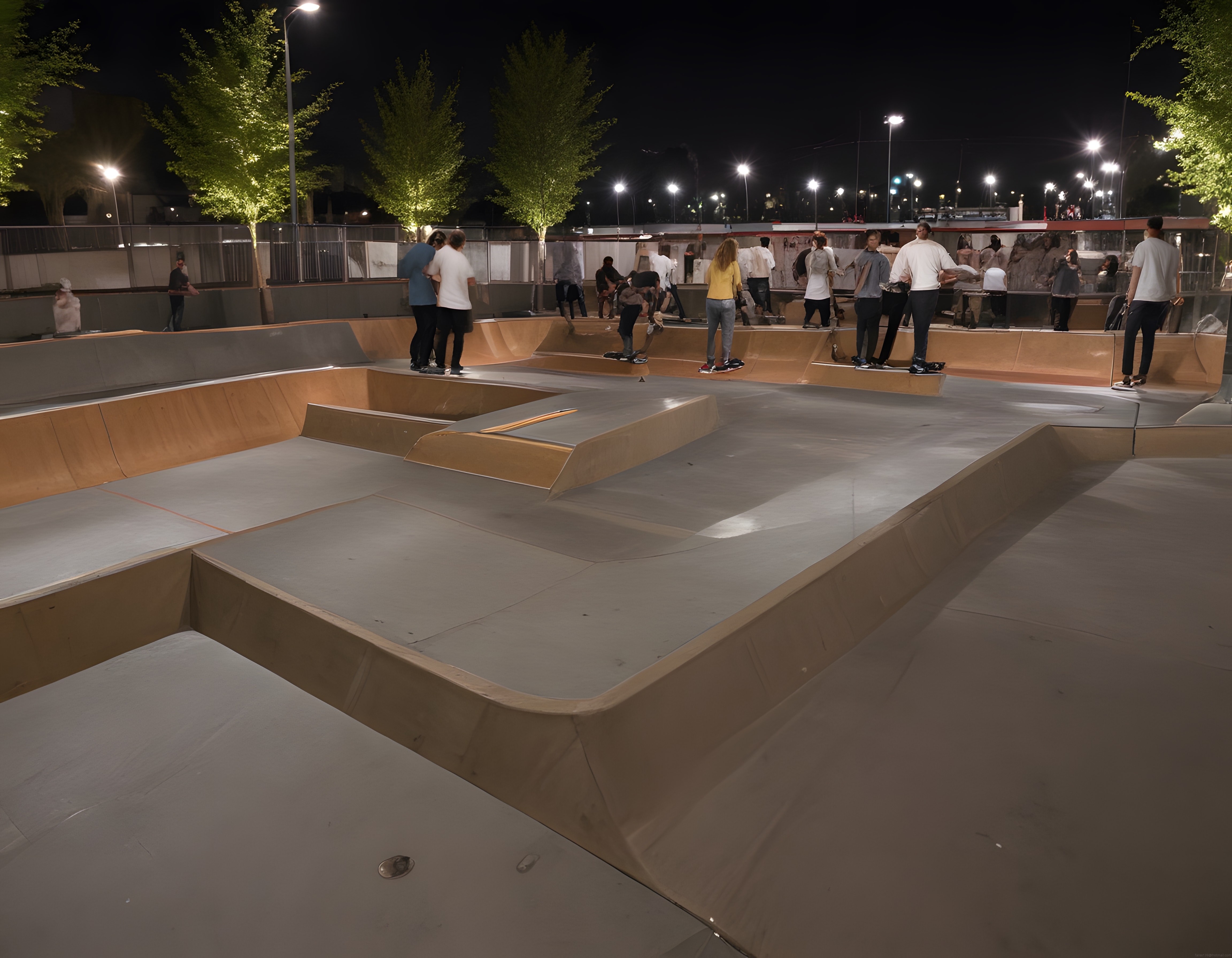 Gece Aydınlatmalı Kaykay Parkında Skateboard Yapan Gençler ve Urban Spor Atmosferi