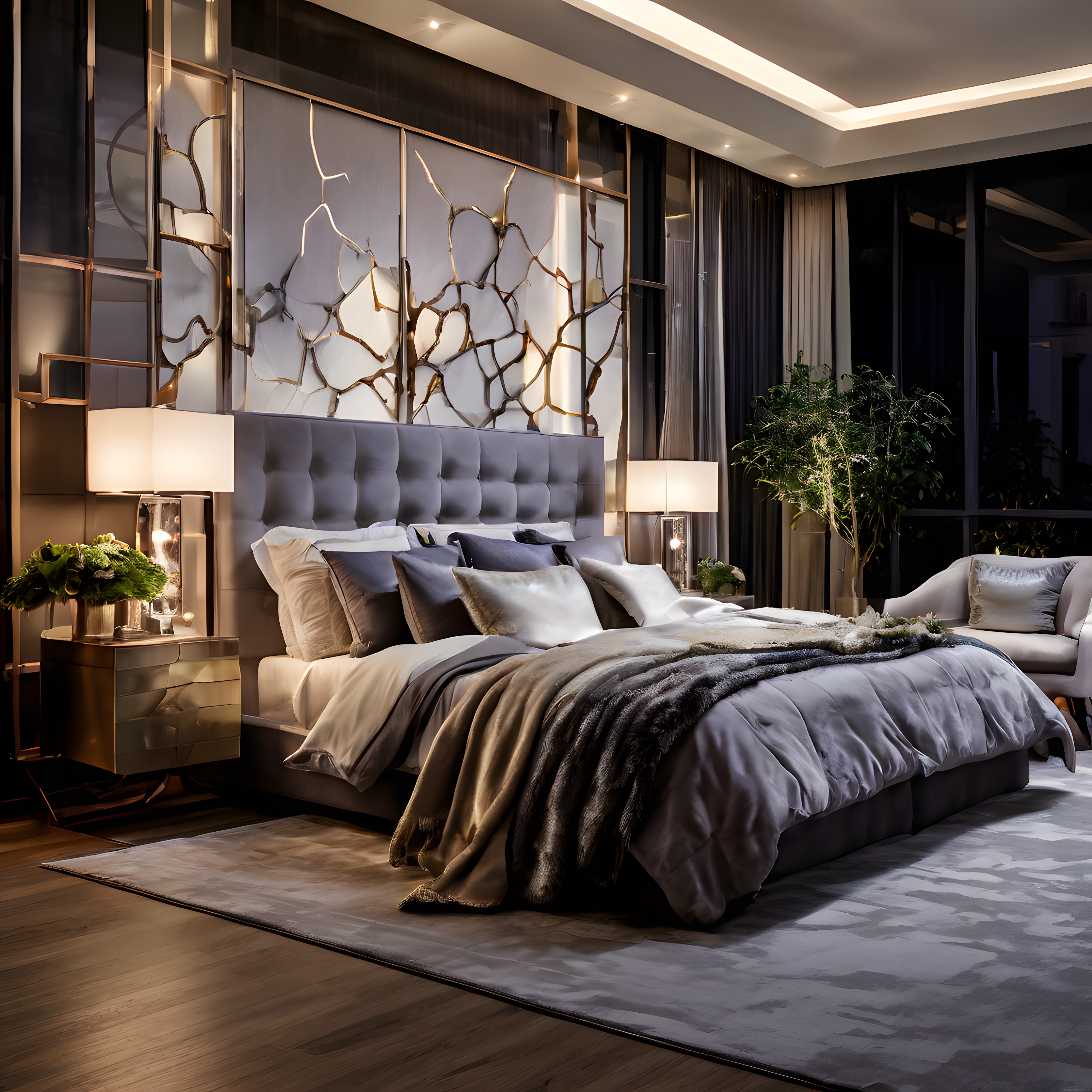 Gece Aydınlatmalı Lüks Yatak Odası İç Mekan Dekorasyonu ve Detayları