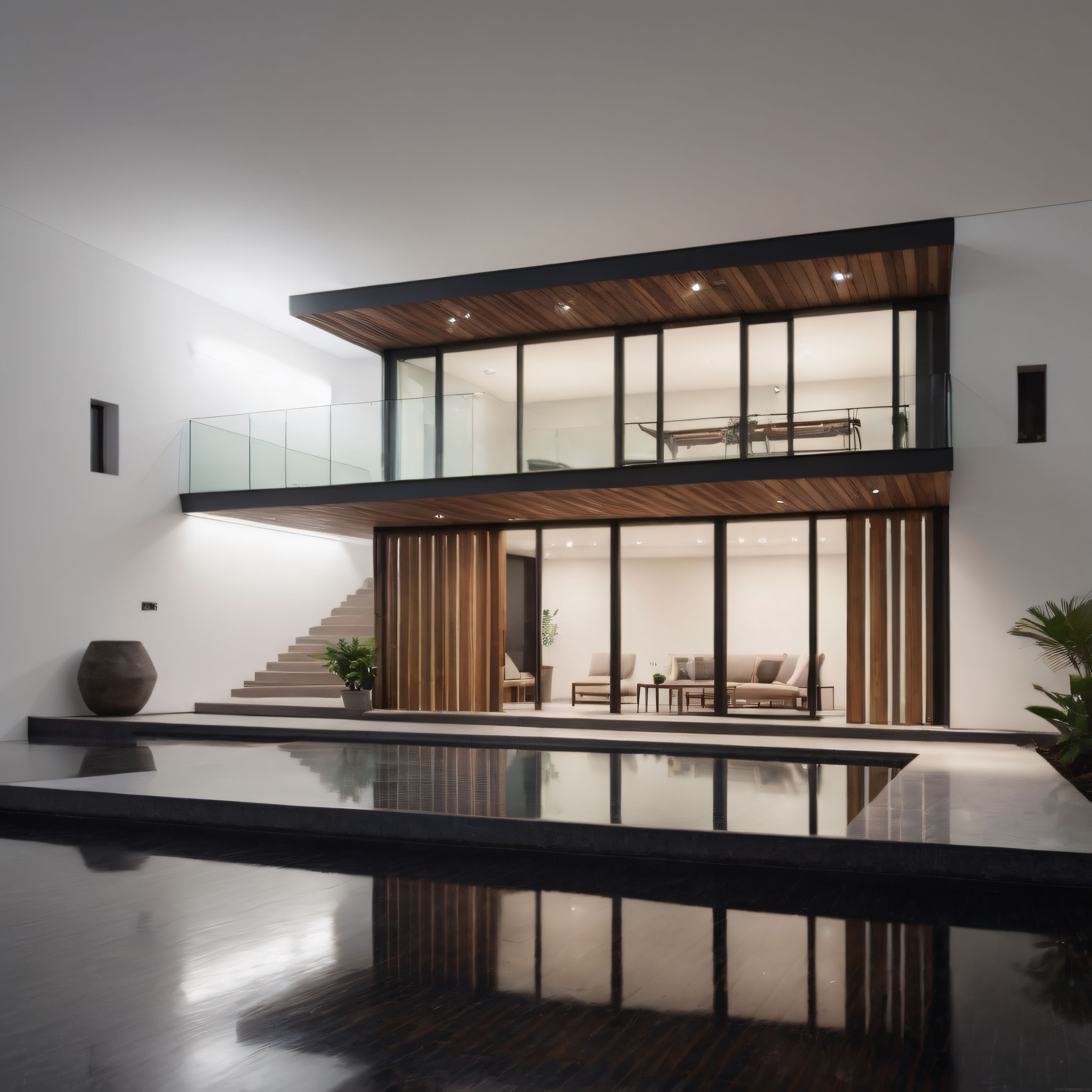 Gece Aydınlatmalı Modern Lüks Villa ve Yansıma Havuzunun Minimalist Mimarisi