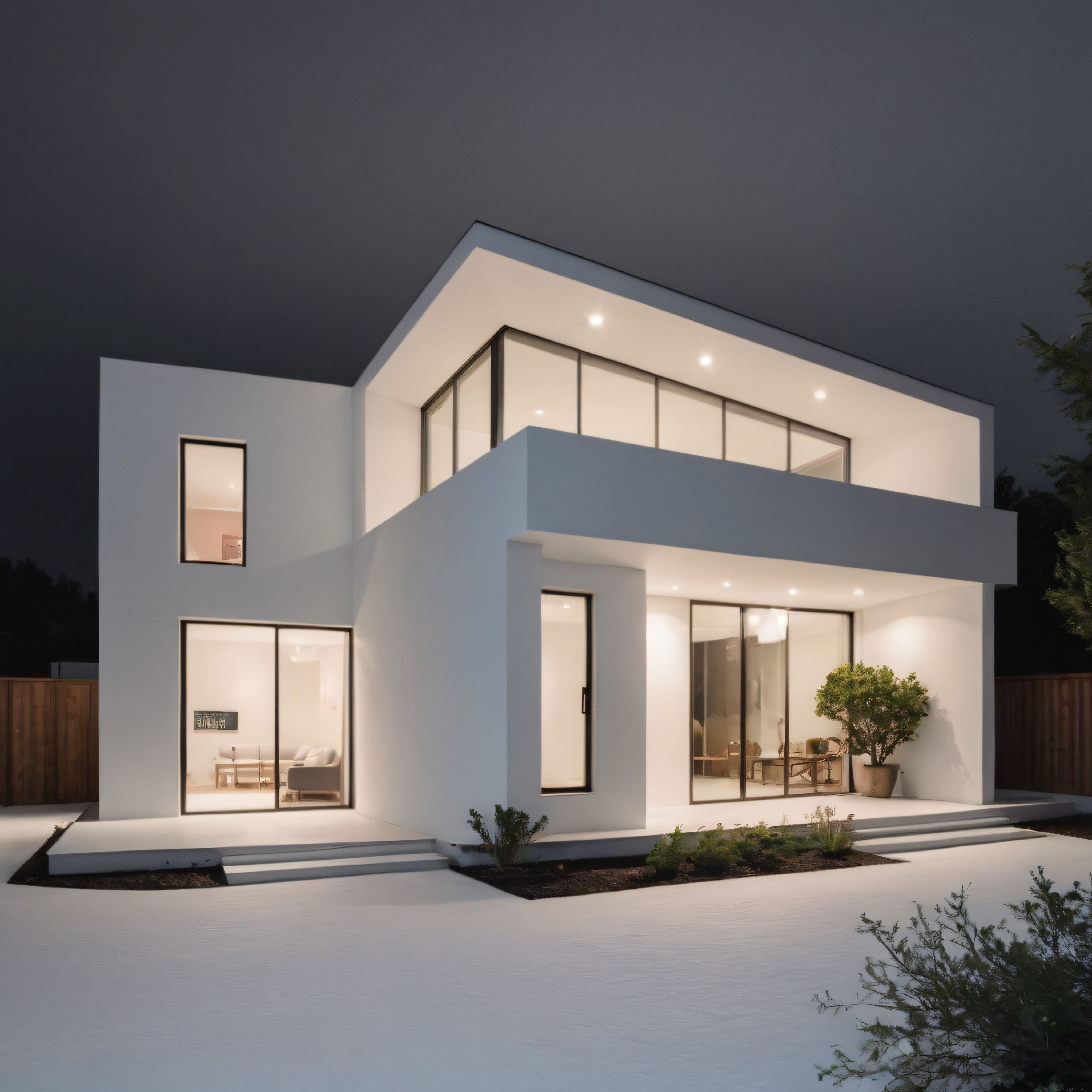 Gece Aydınlatmasıyla Modern Beyaz Villa ve Minimalist Cam Cephe Tasarımı