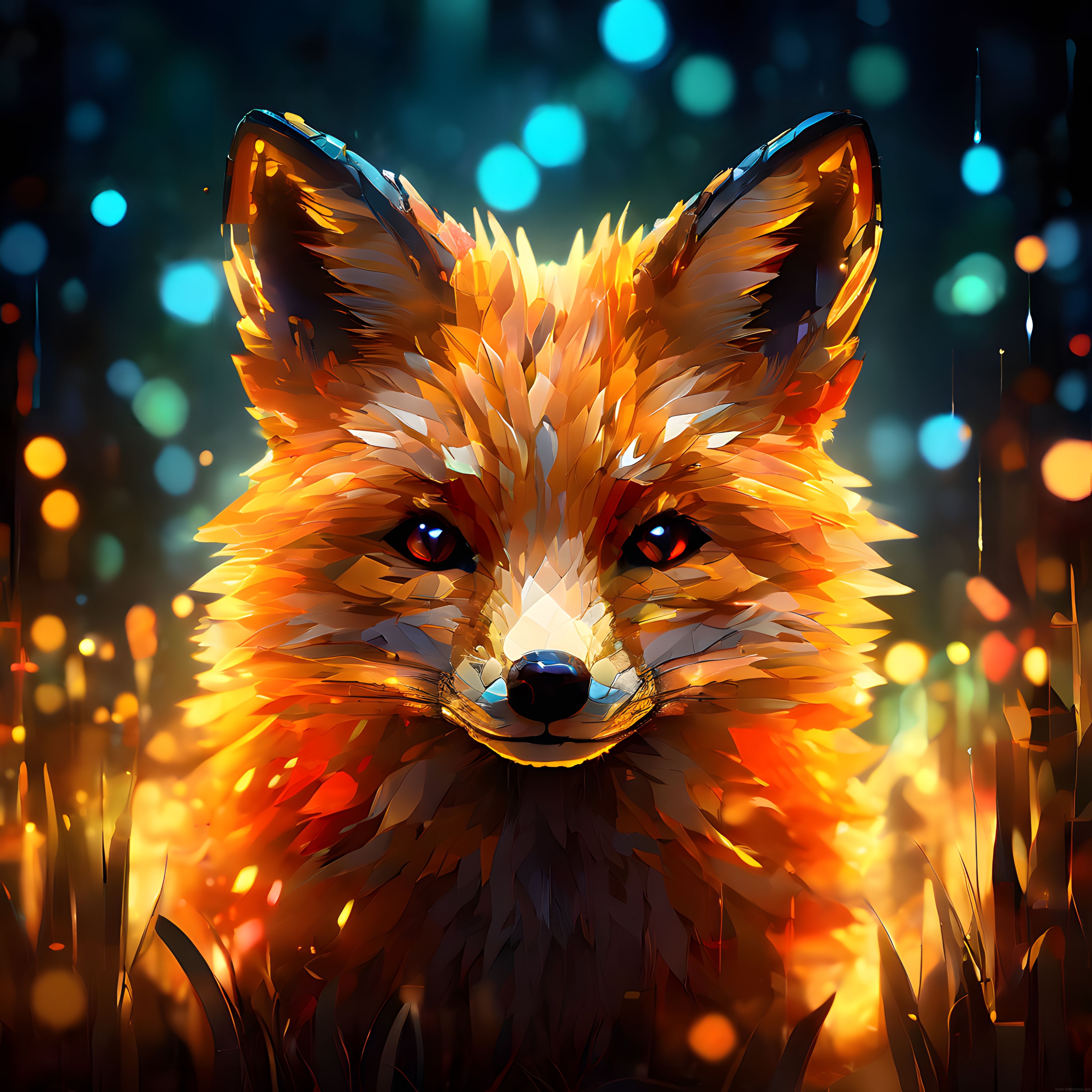 Gece Bokeh Işıkları Arasında Geometrik Stil Parlayan Tilki Dijital Sanat Eseri