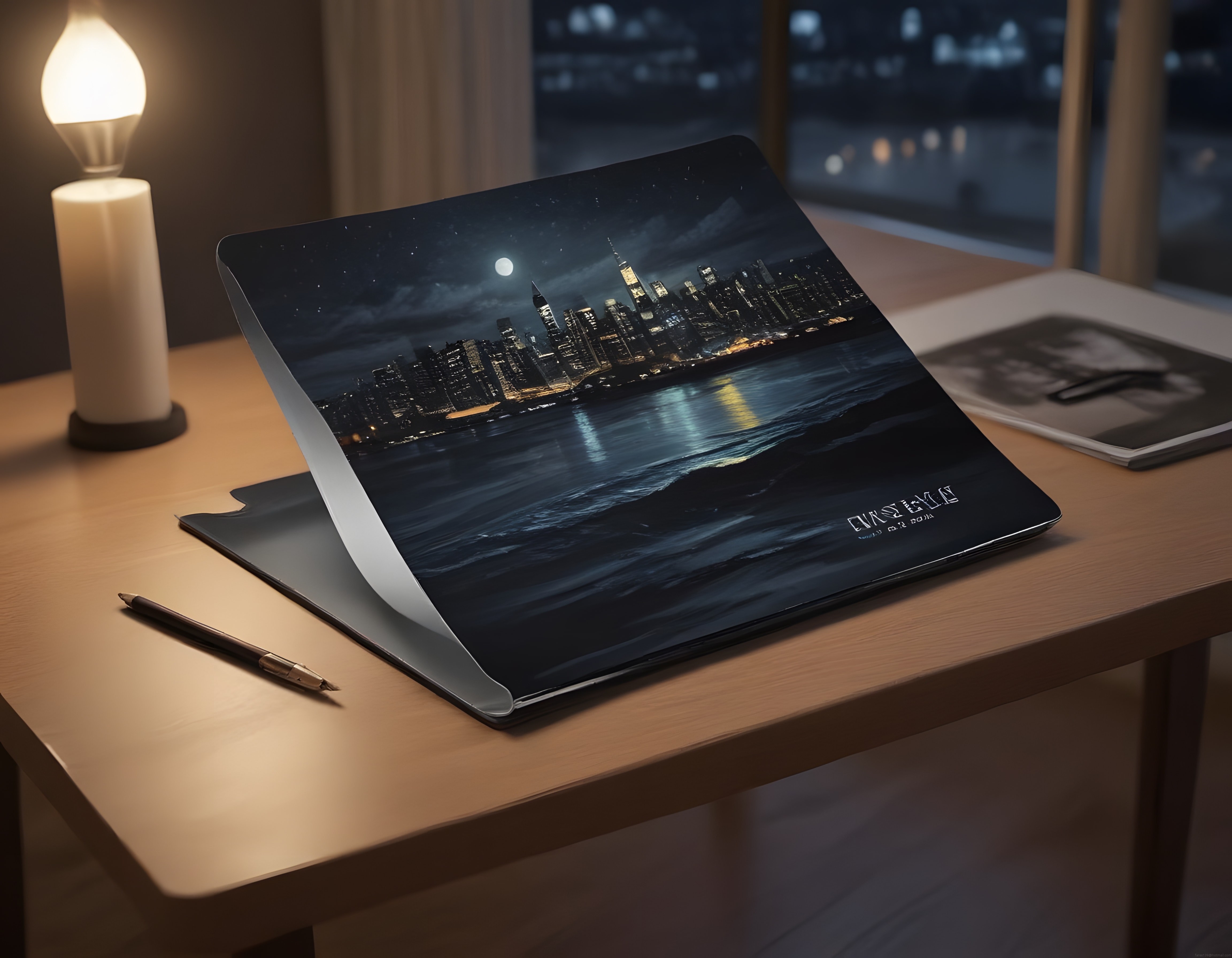 Gece Çalışma Masasında Yansımalı Şehir Manzaralı Laptop Duvar Kağıdı