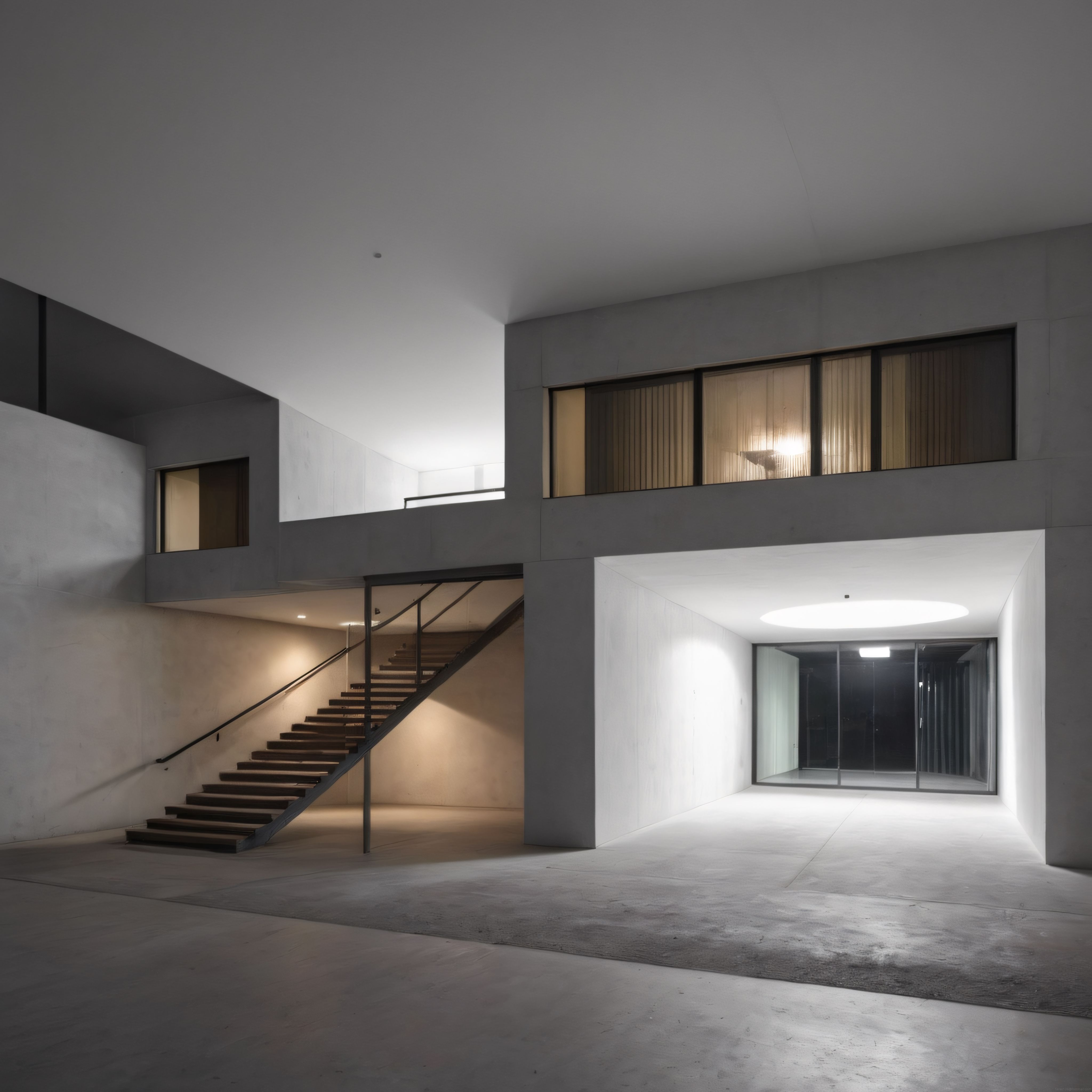 Gece Çekiminde Modern Beton Villanın Gizli Aydınlatmalı İç Mekan Mimarisi