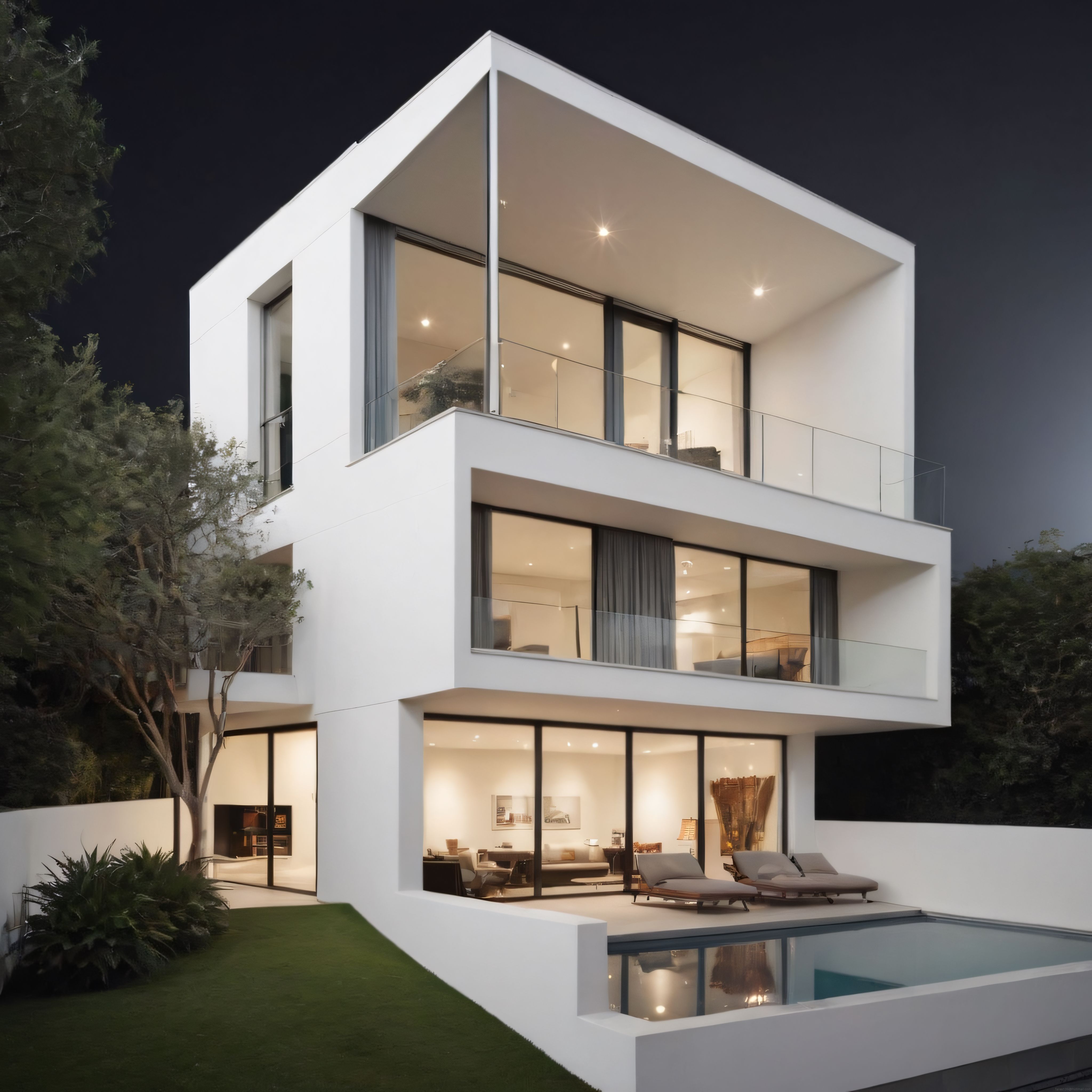 Gece çekiminde modern beyaz villa, cam cephe ve lüks minimalist mimari tasarım