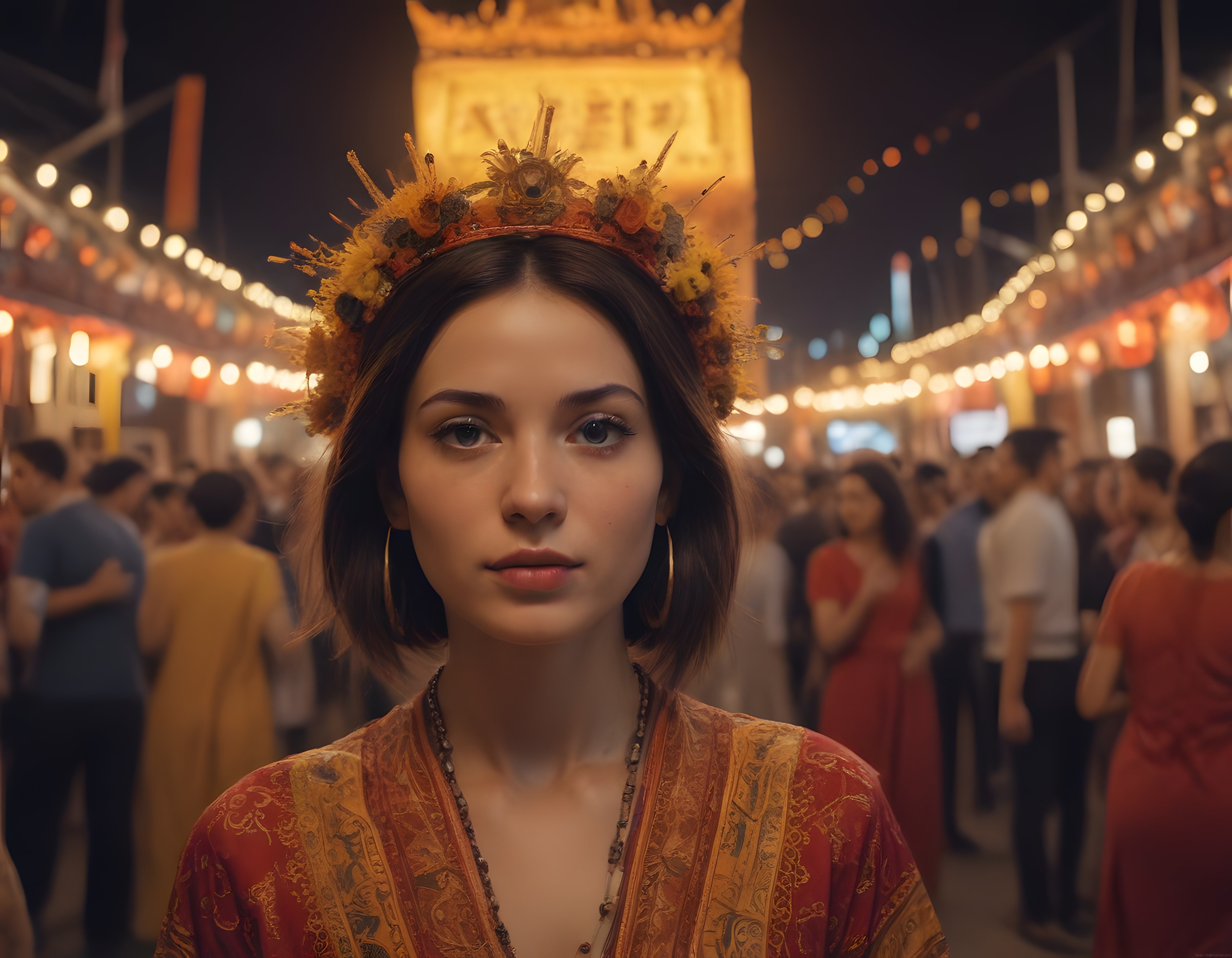 Gece Festivalinde Geleneksel Kıyafetli Kadın ve Işıldayan Çin Mahallesi Kapısı