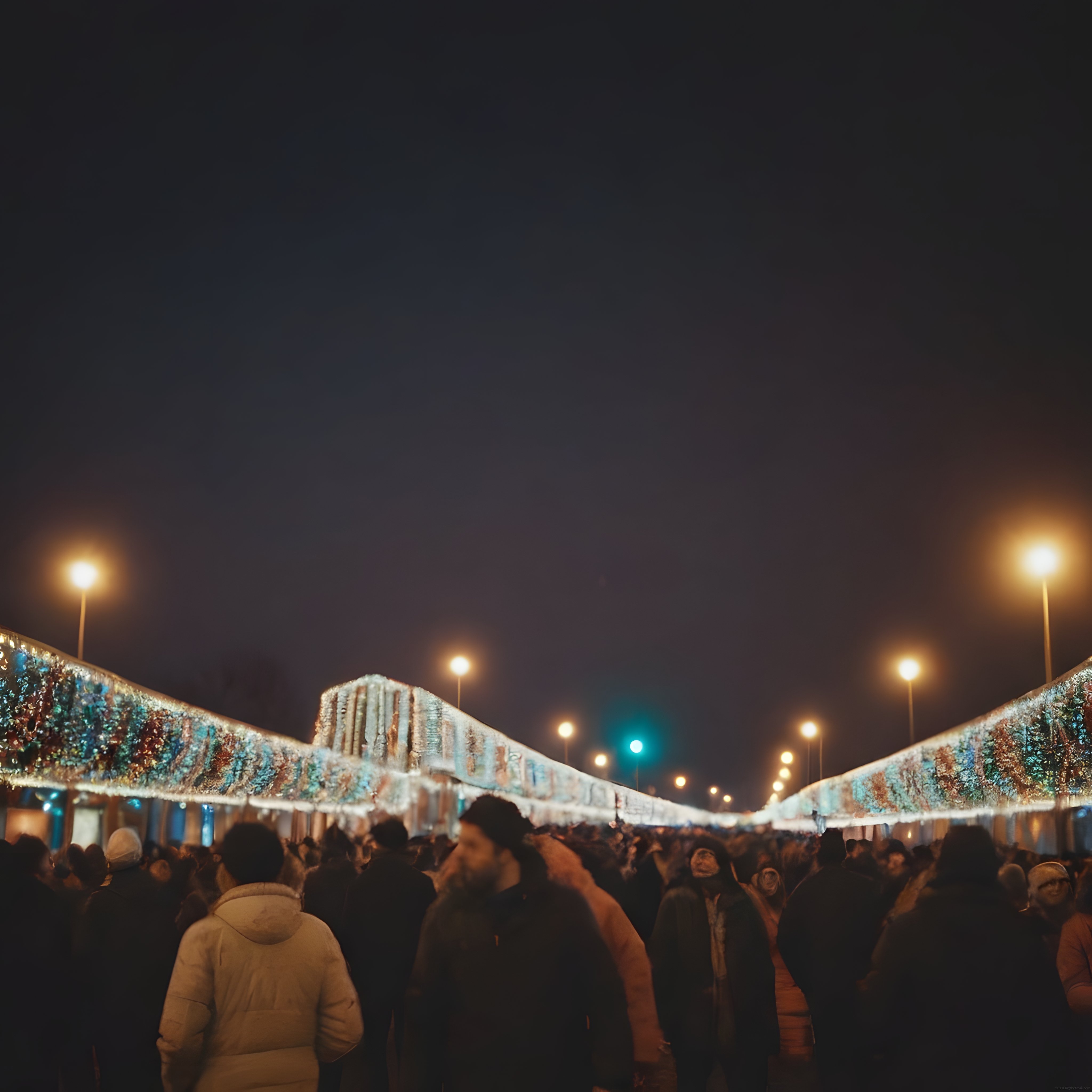 Gece Festivalinde Rengarenk Işıklarla Süslenmiş Yürüyüş Yolu ve Coşkulu Kalabalık