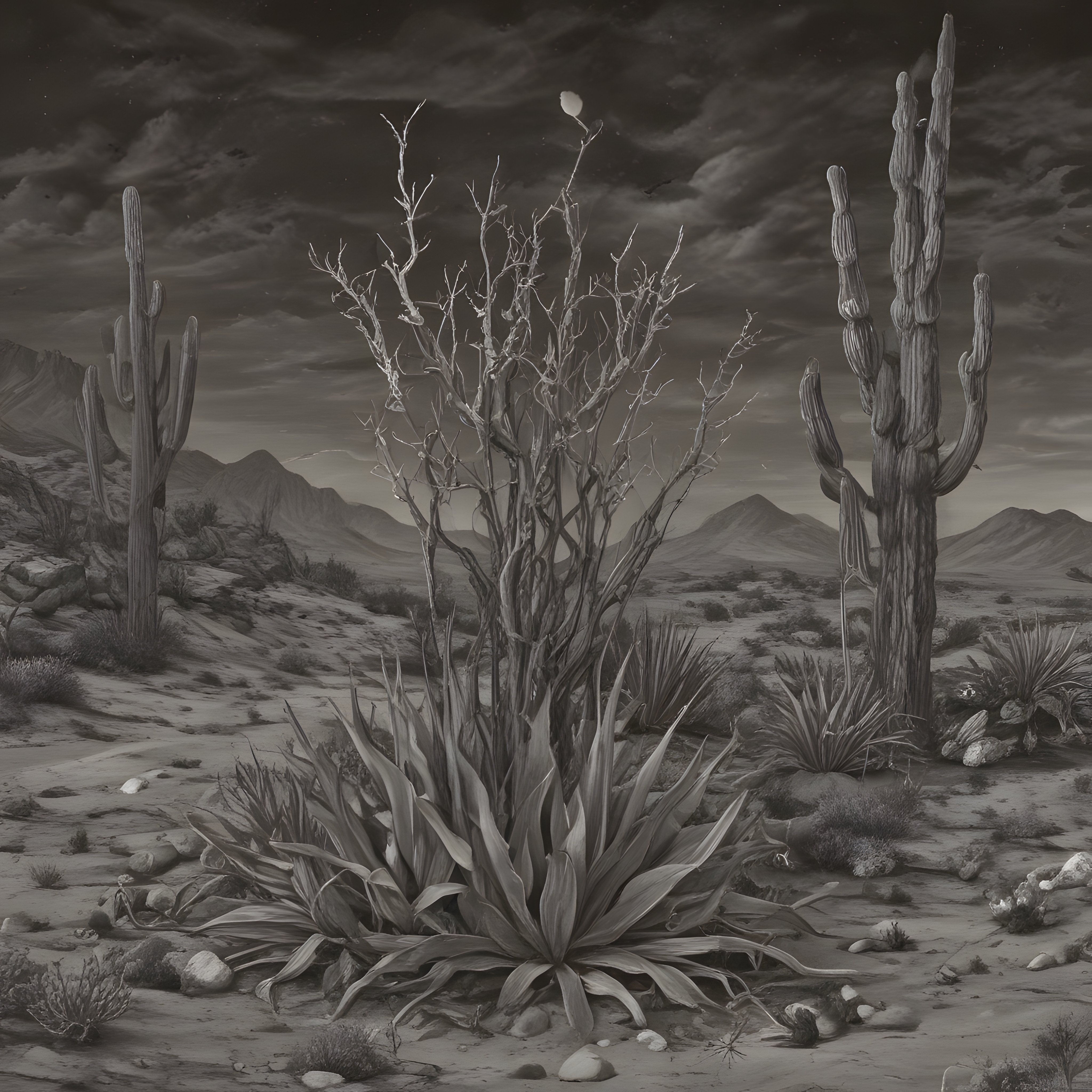 Gece Gökyüzü Altında Saguaro Kaktüsleri ve Kurak Çölün Gizemli Manzarası