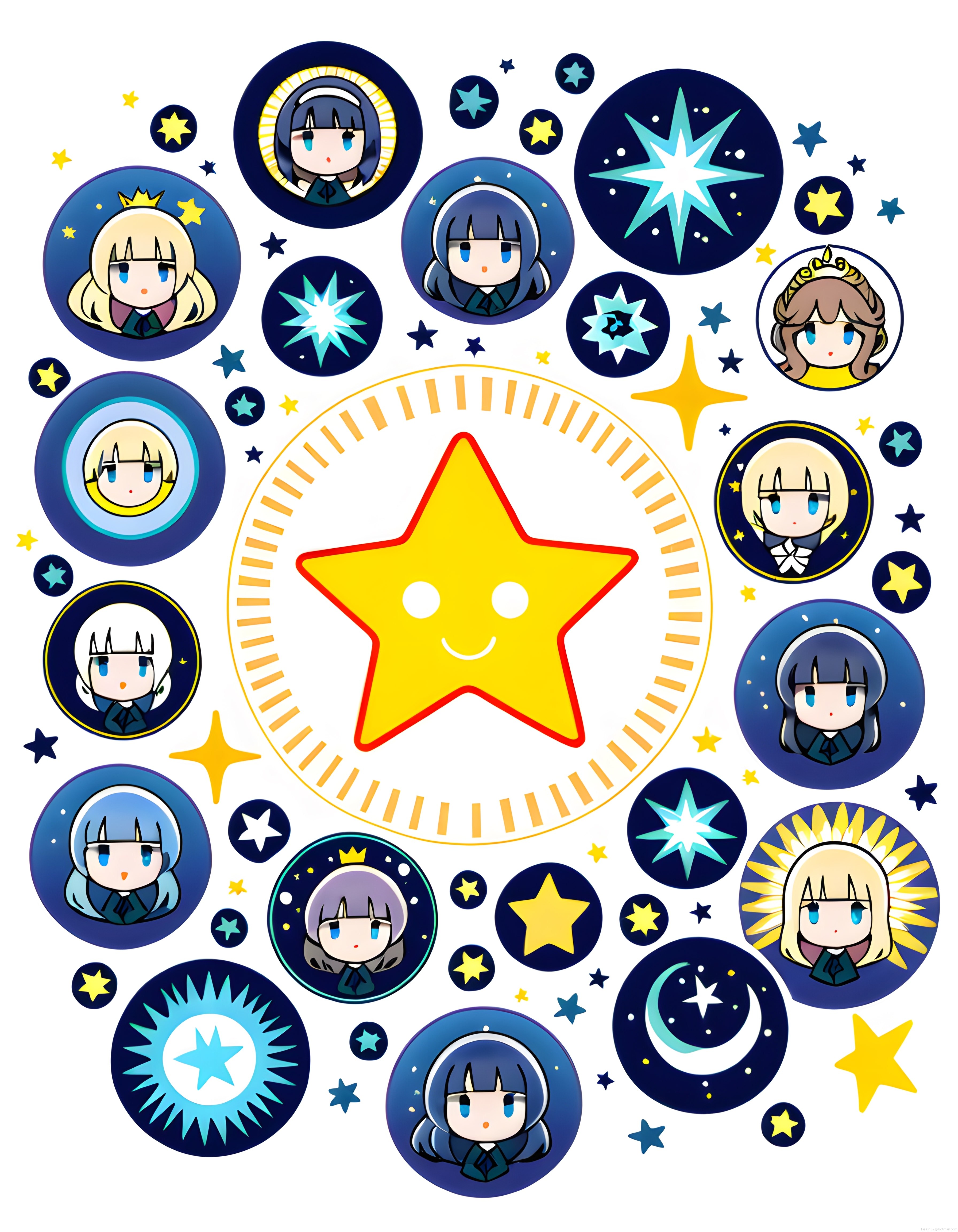 Gece Gökyüzü Temalı Sevimli Chibi Anime Karakterleri ve Yıldızlar İllüstrasyonu