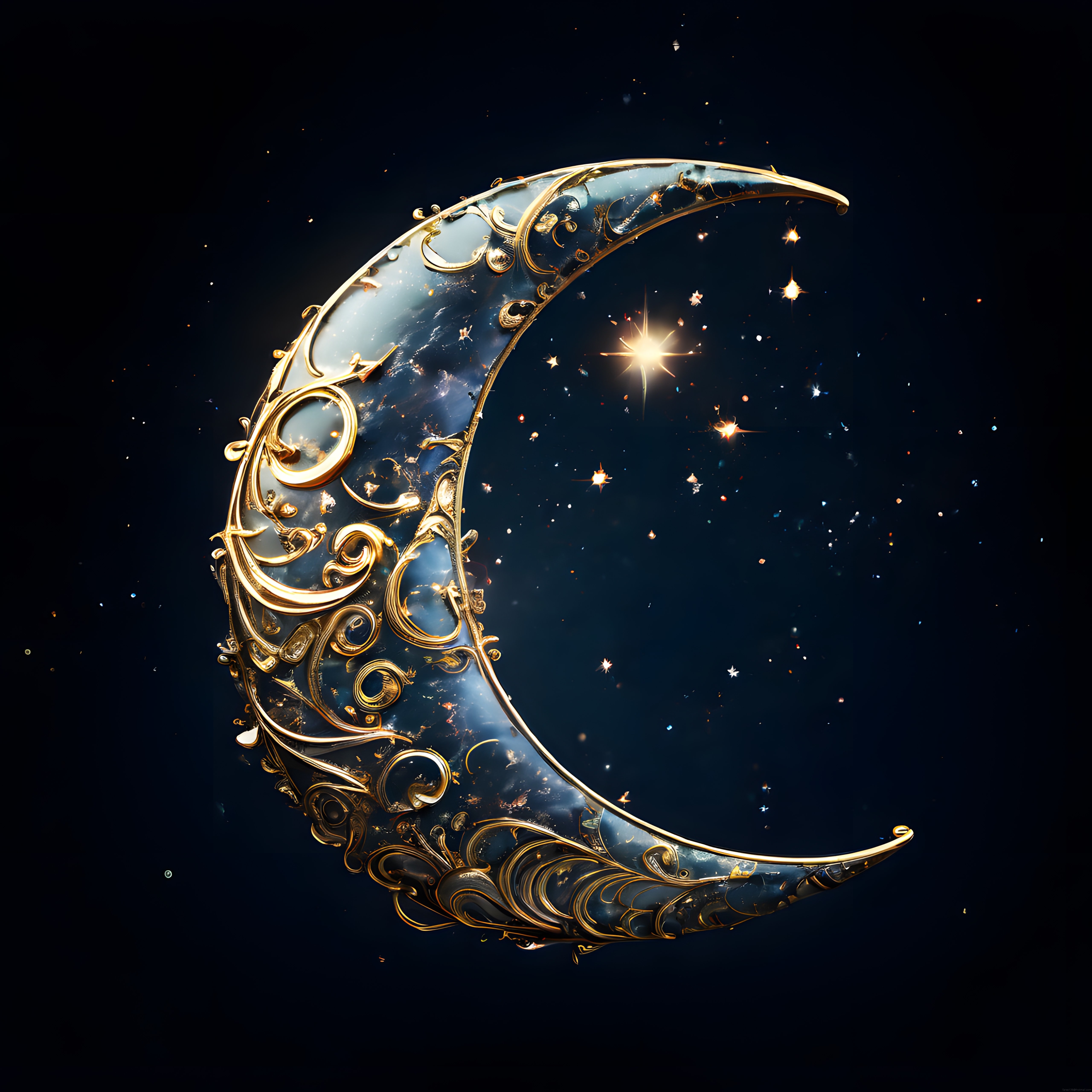Gece Gökyüzünde Altın Detaylı Büyülü Hilal ve Yıldızlar ile Fantastik Tablo