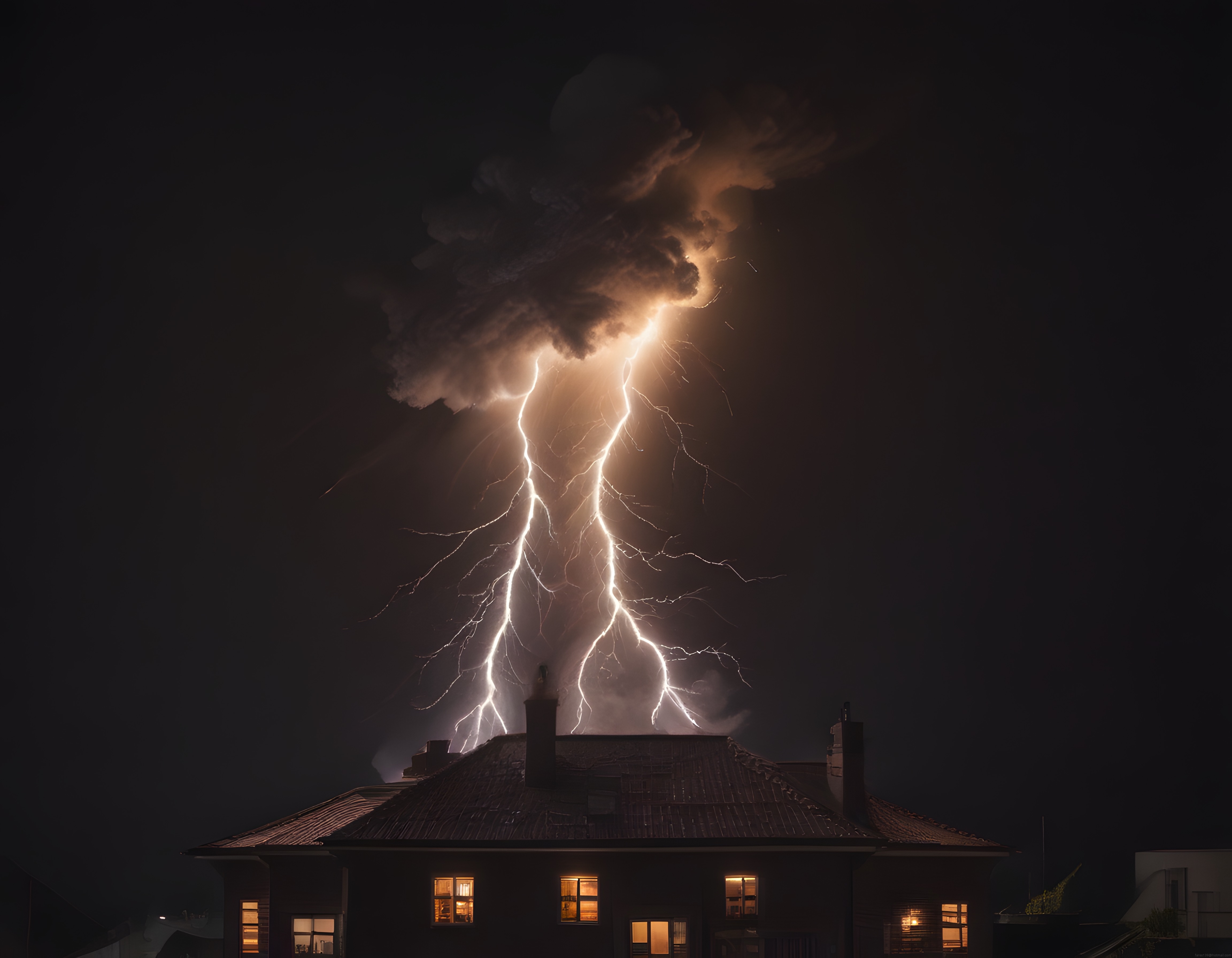 Gece gökyüzünde çakan şimşek ve evin çatısı üzerindeki dramatik atmosfer
