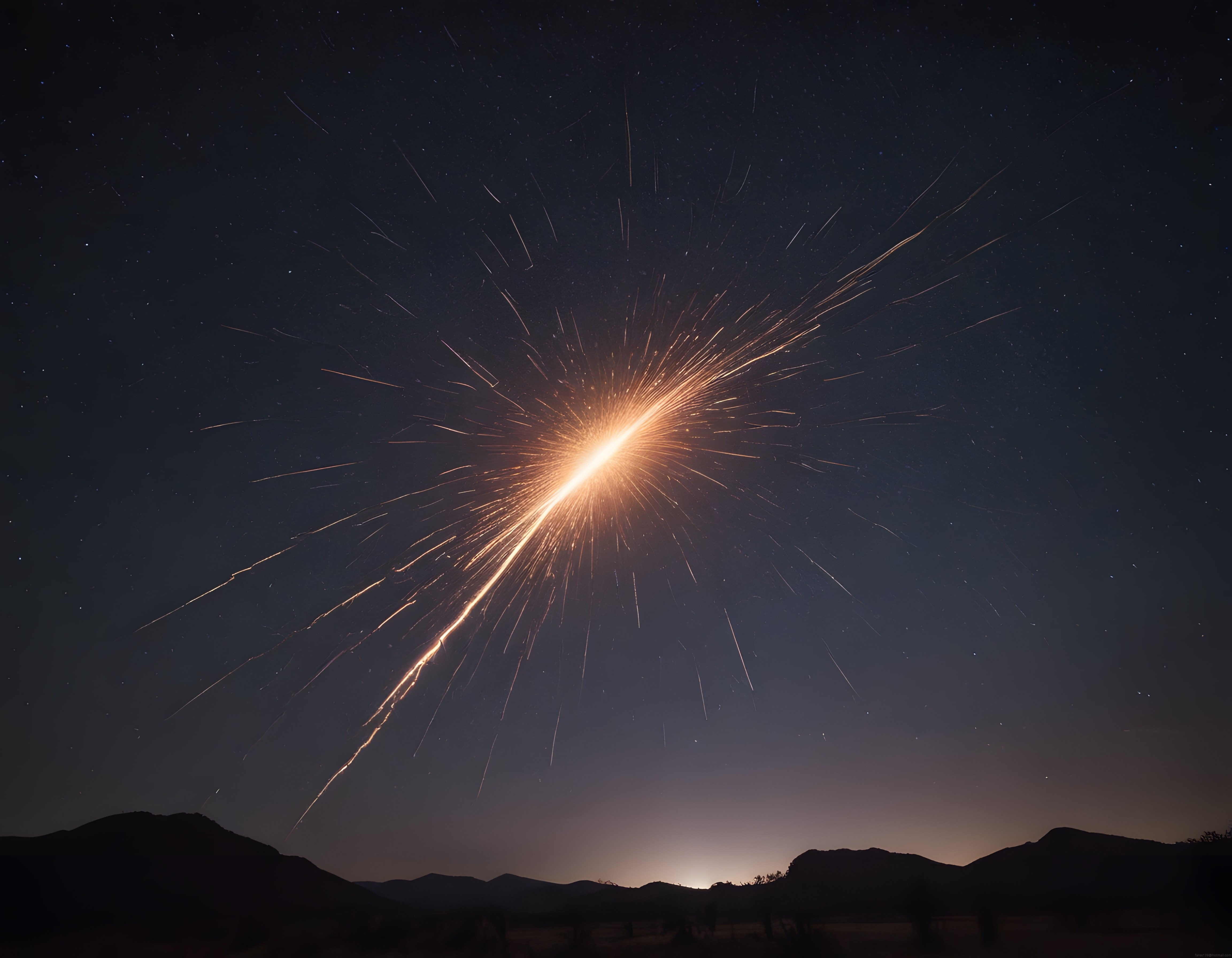 Gece Gökyüzünde Parlak Bir Meteor ve Dağların Siluetiyle Kozmik Manzara