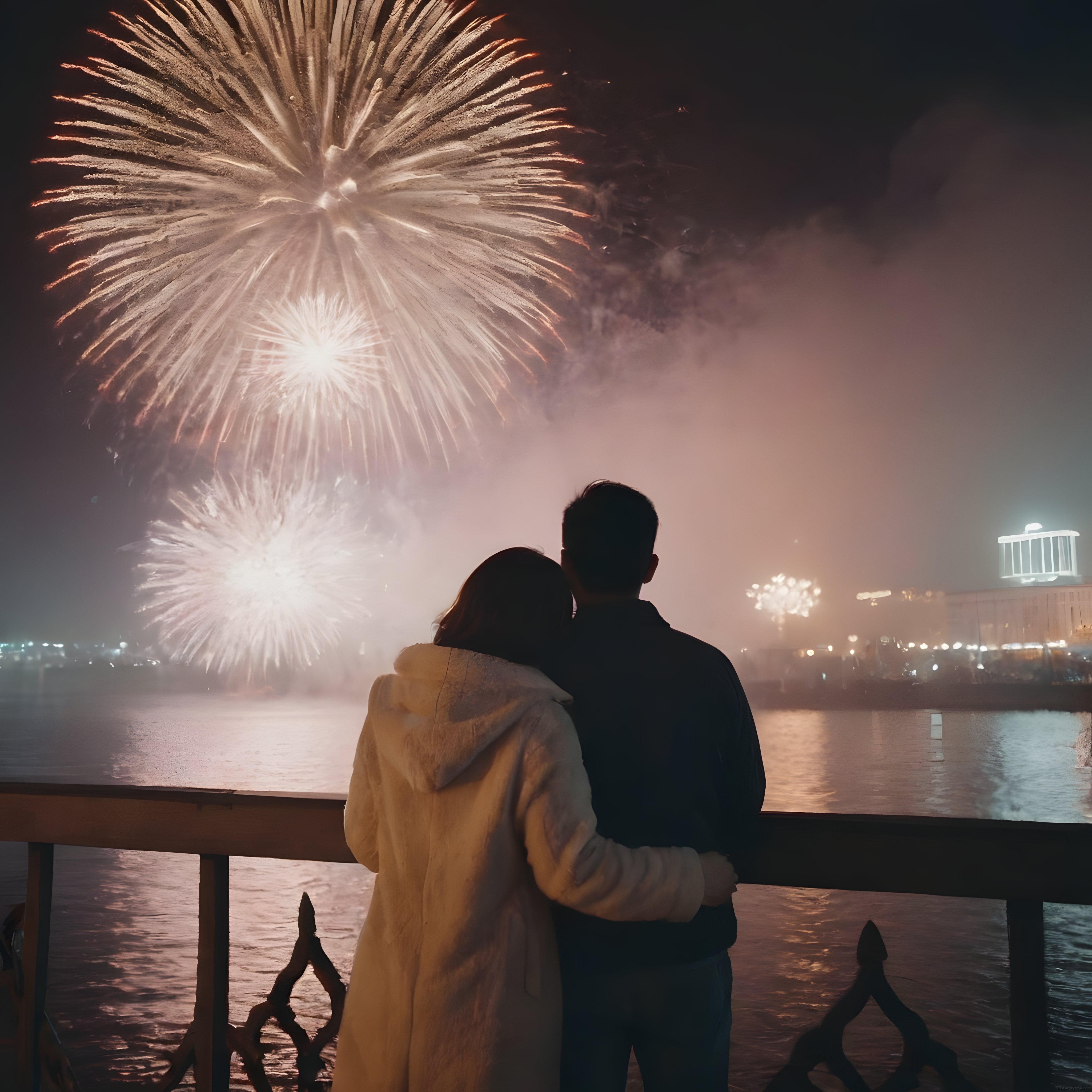 Gece Göl Kenarında Romantik An: Havai Fişekler Altında Kucaklaşan Çift