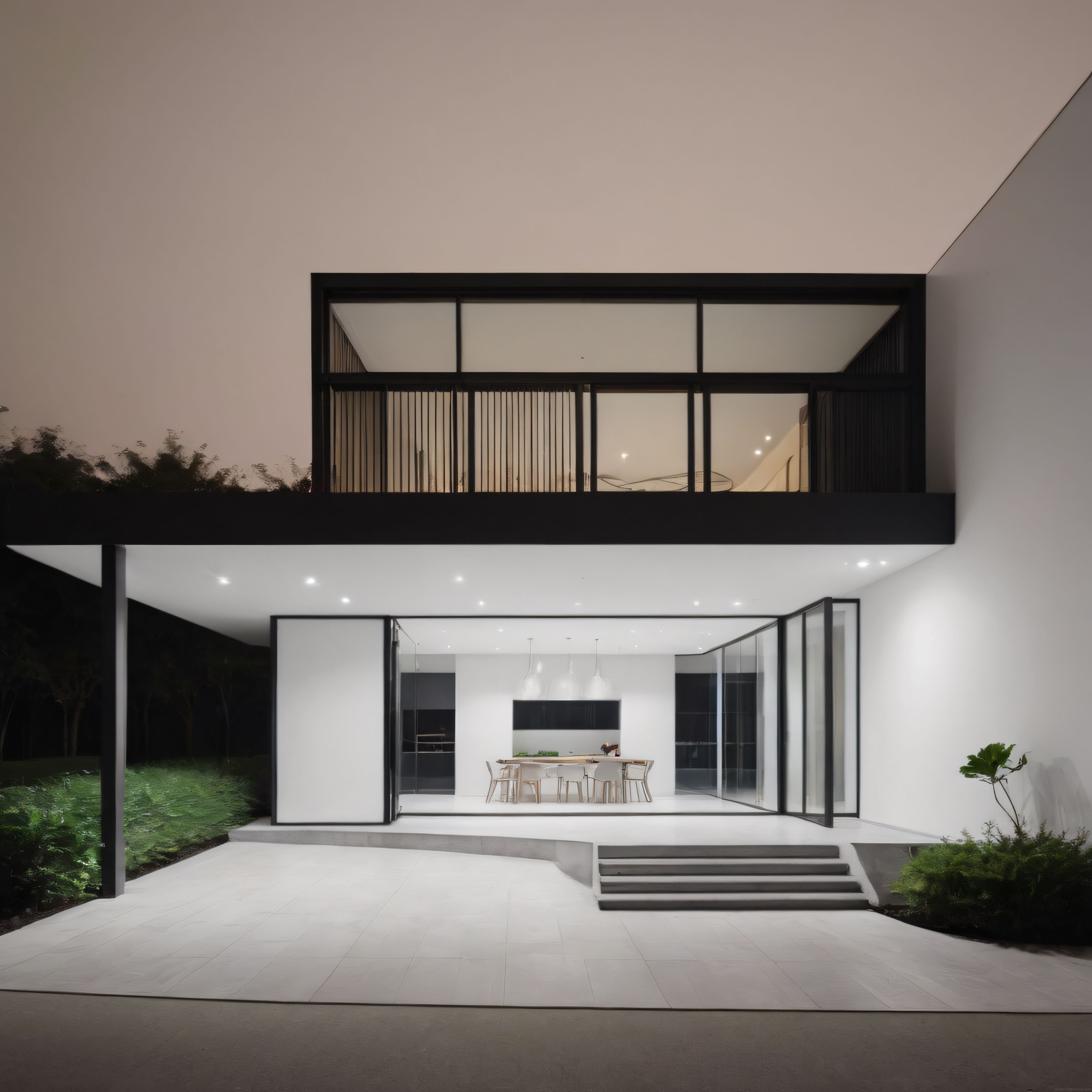 Gece Görünümünde Modern Minimalist Konut ve Şeffaf Cam Cephe Detayları