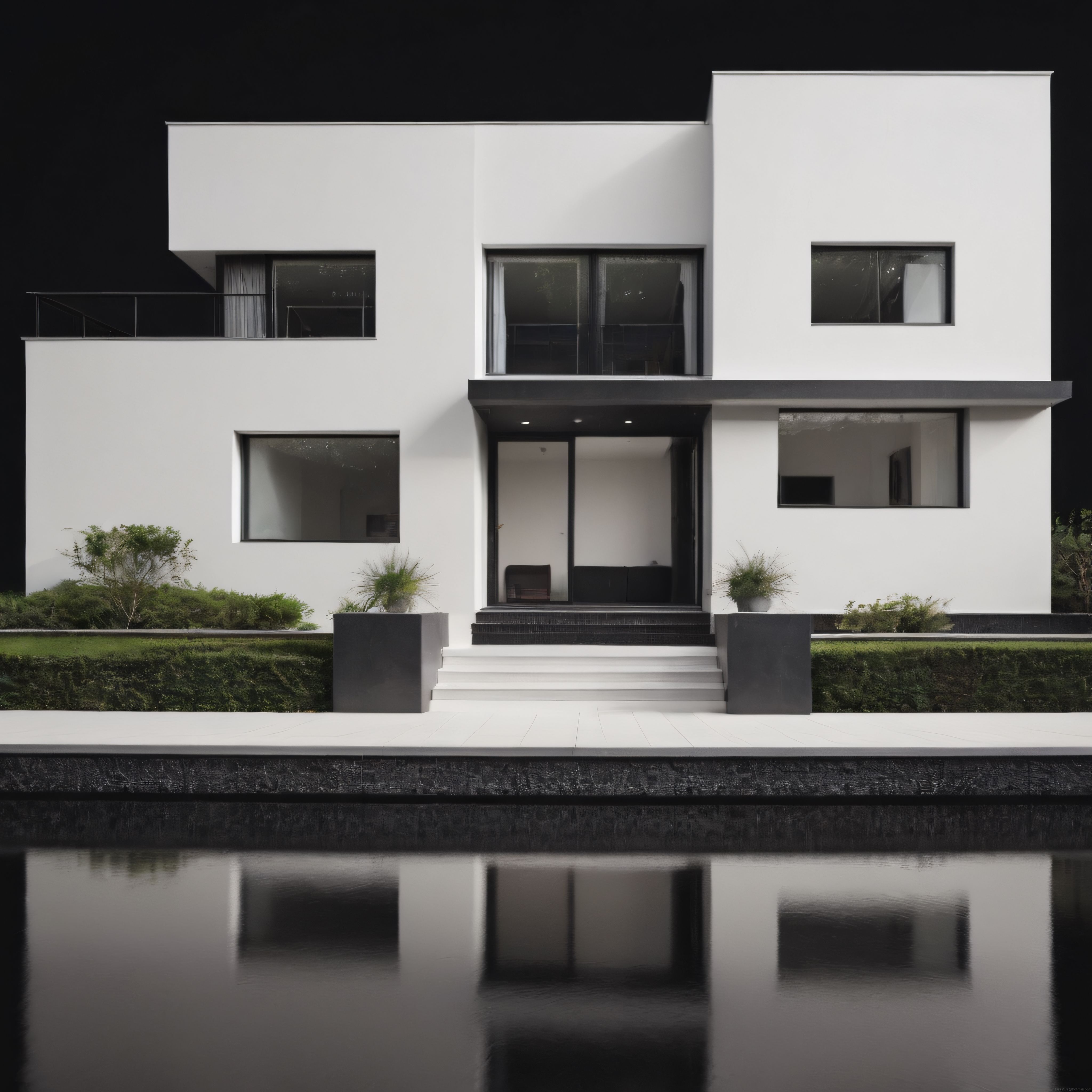 Gece Görünümünde Siyah Beyaz Minimalist Villa ve Sessiz Su Yansıması