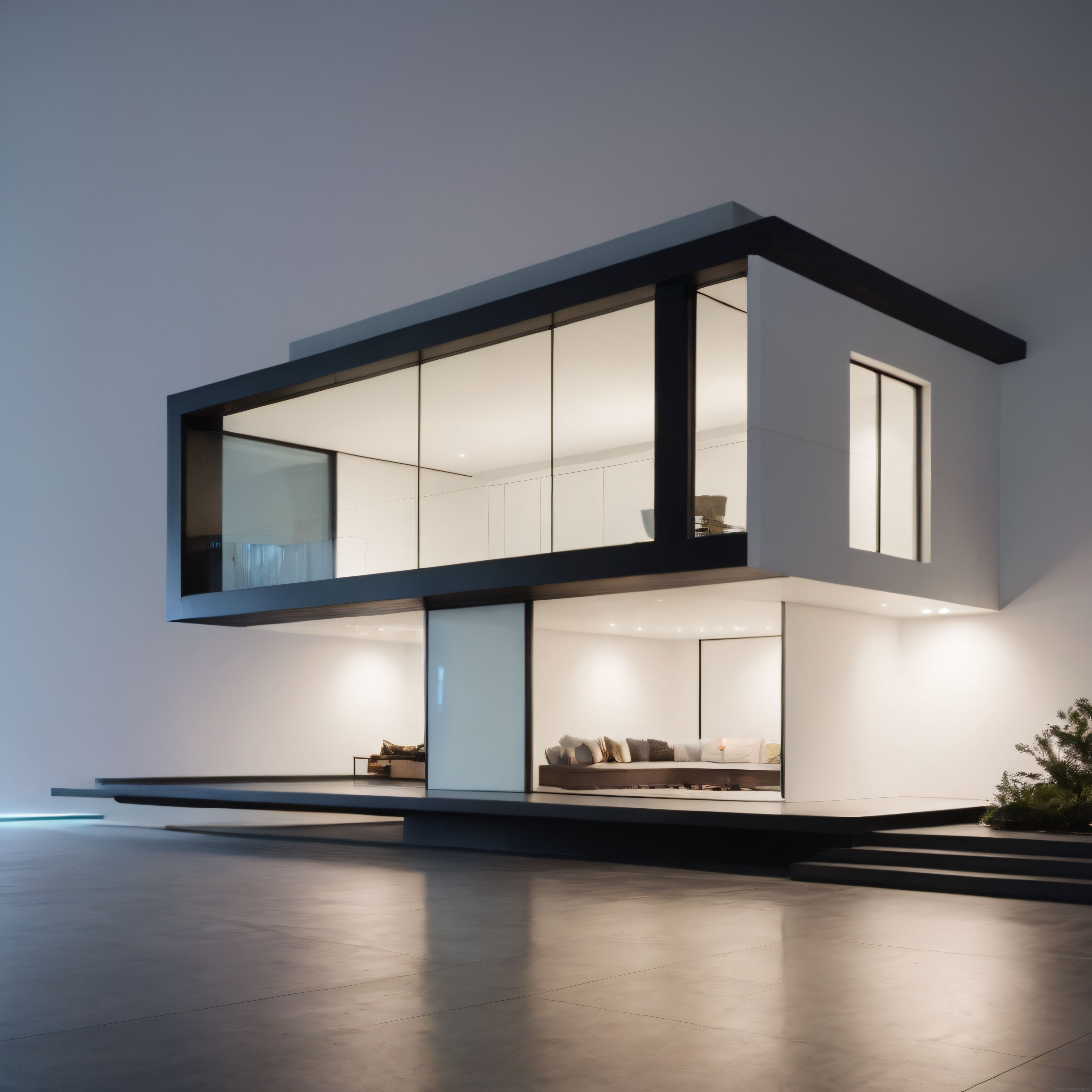 Gece ışıkları altında modern minimalist villa mimarisi ve geniş cam cepheler