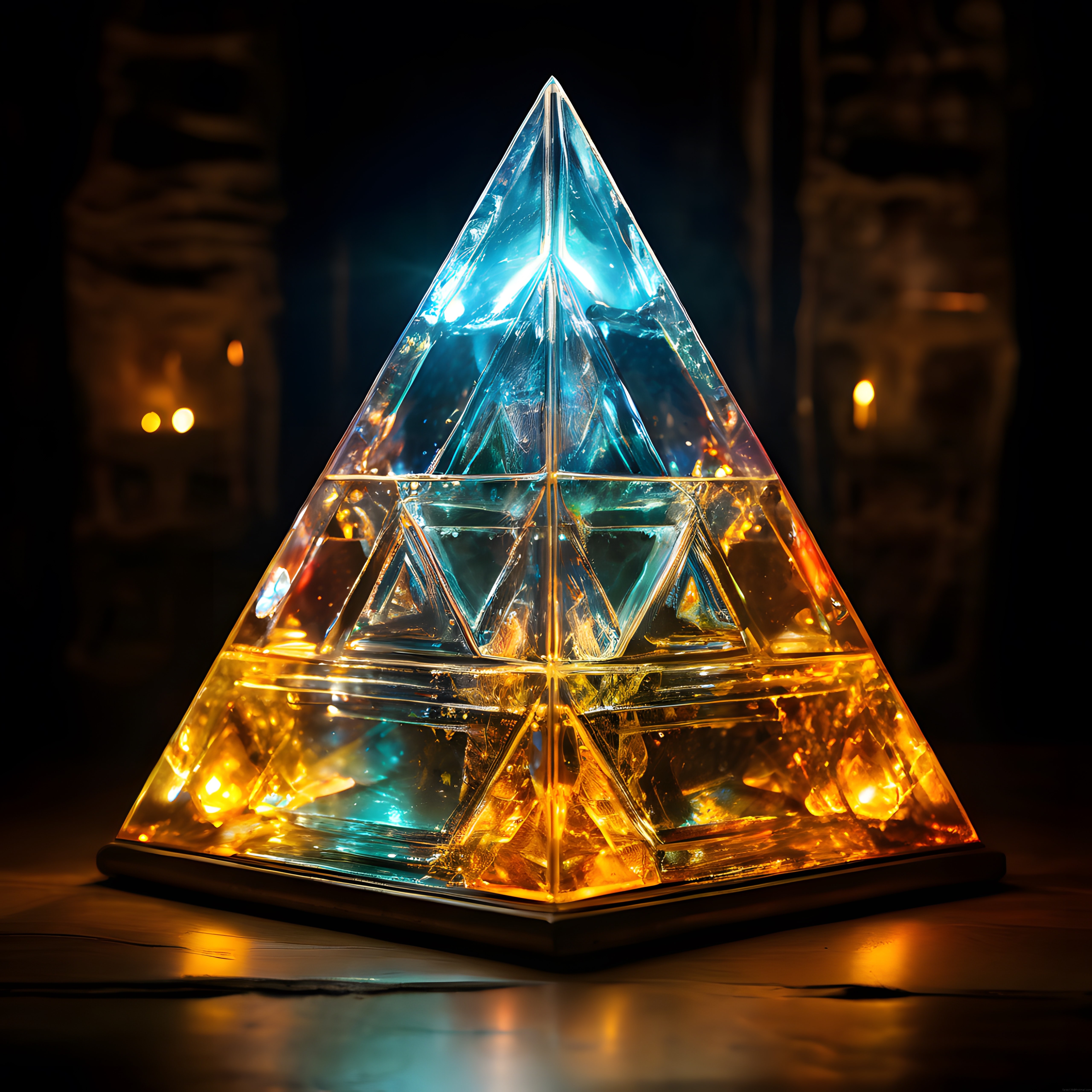 Gece Işıkları Arasında Parlayan Fütüristik Kristal Piramit Sanat Eseri
