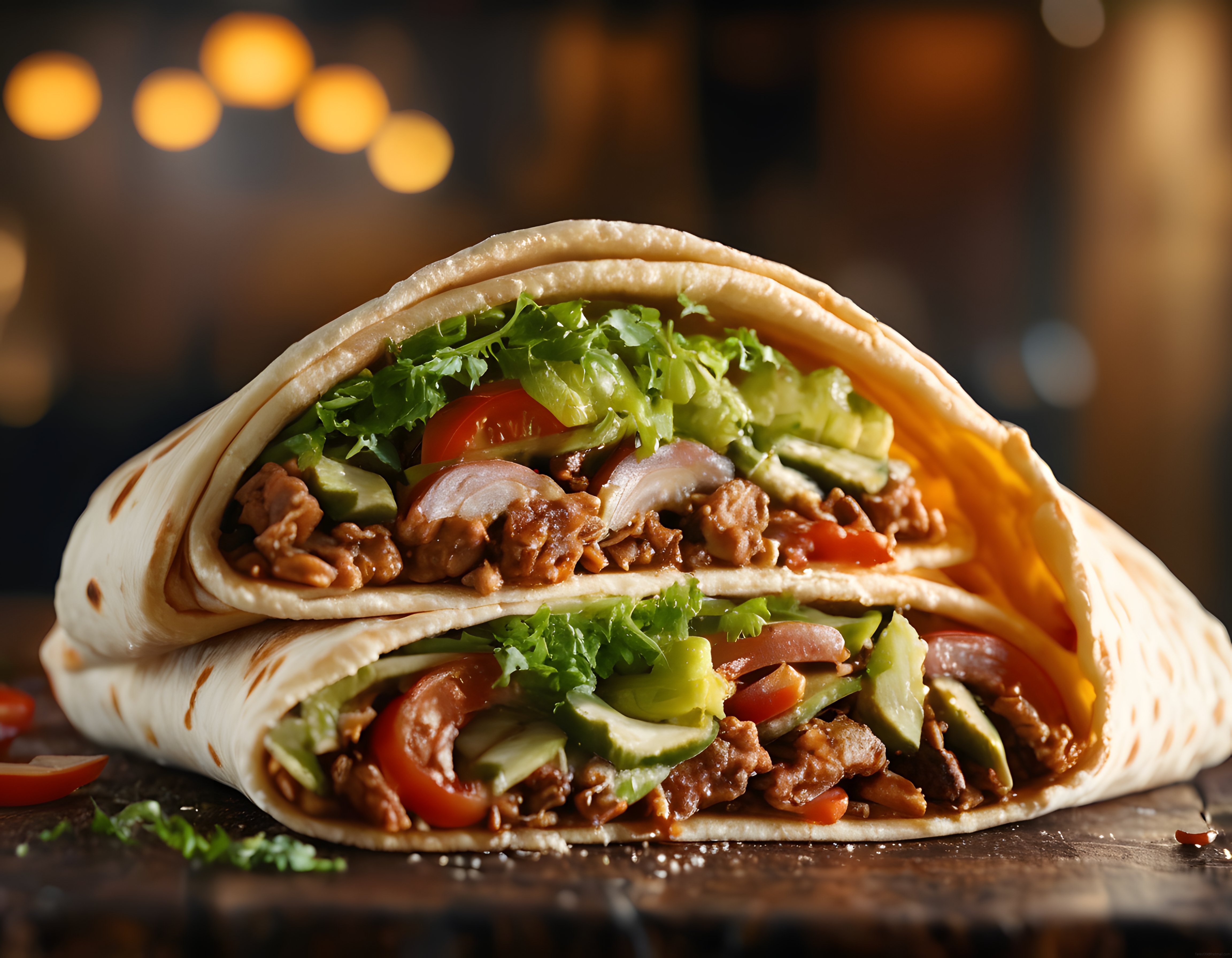 Gece Işıkları Eşliğinde Taze Sebzelerle Dolu Nefis Etli Dürüm Taco