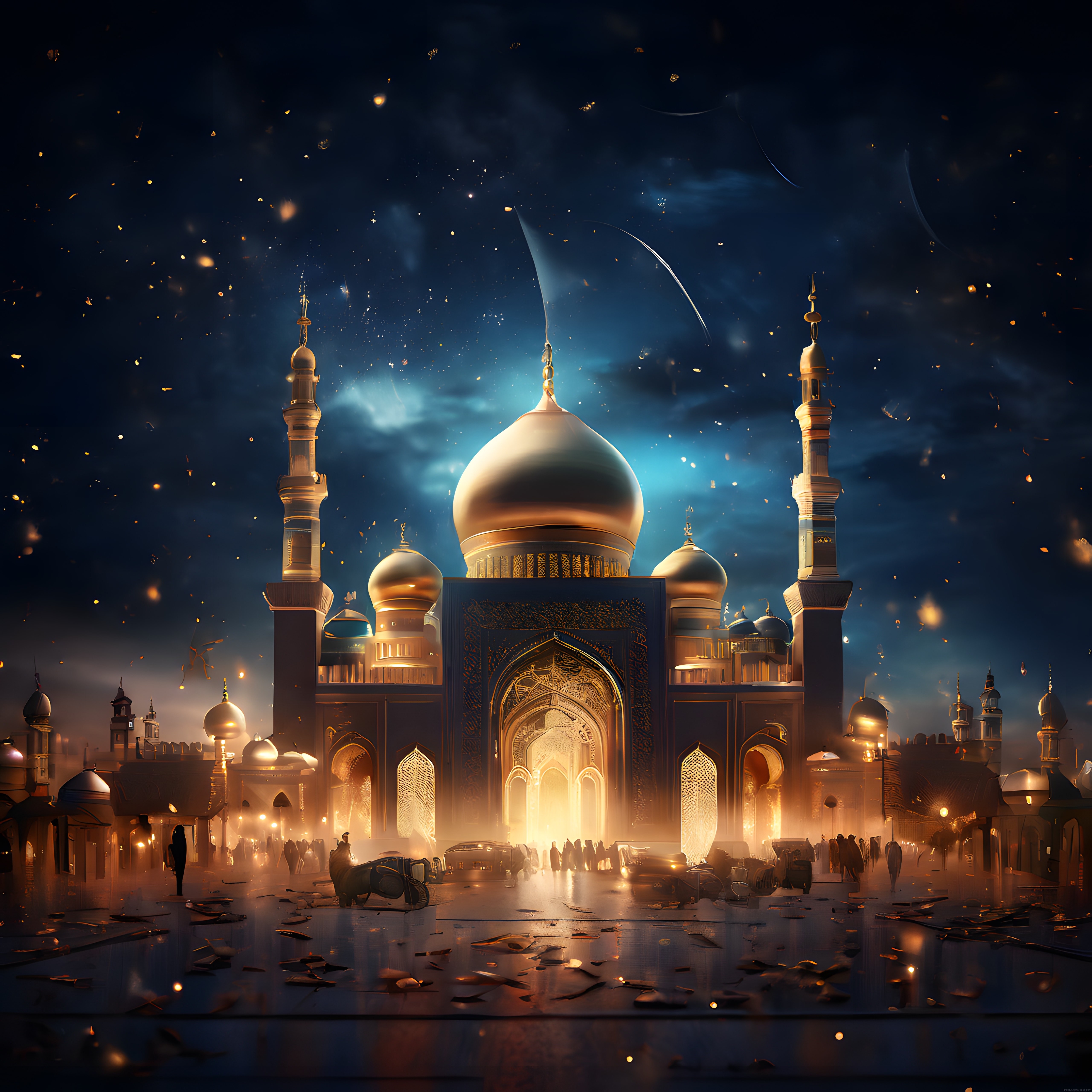 Gece Işıklarında Altın Kubbeli Cami, Minareler ve Mistik Şehir Atmosferi