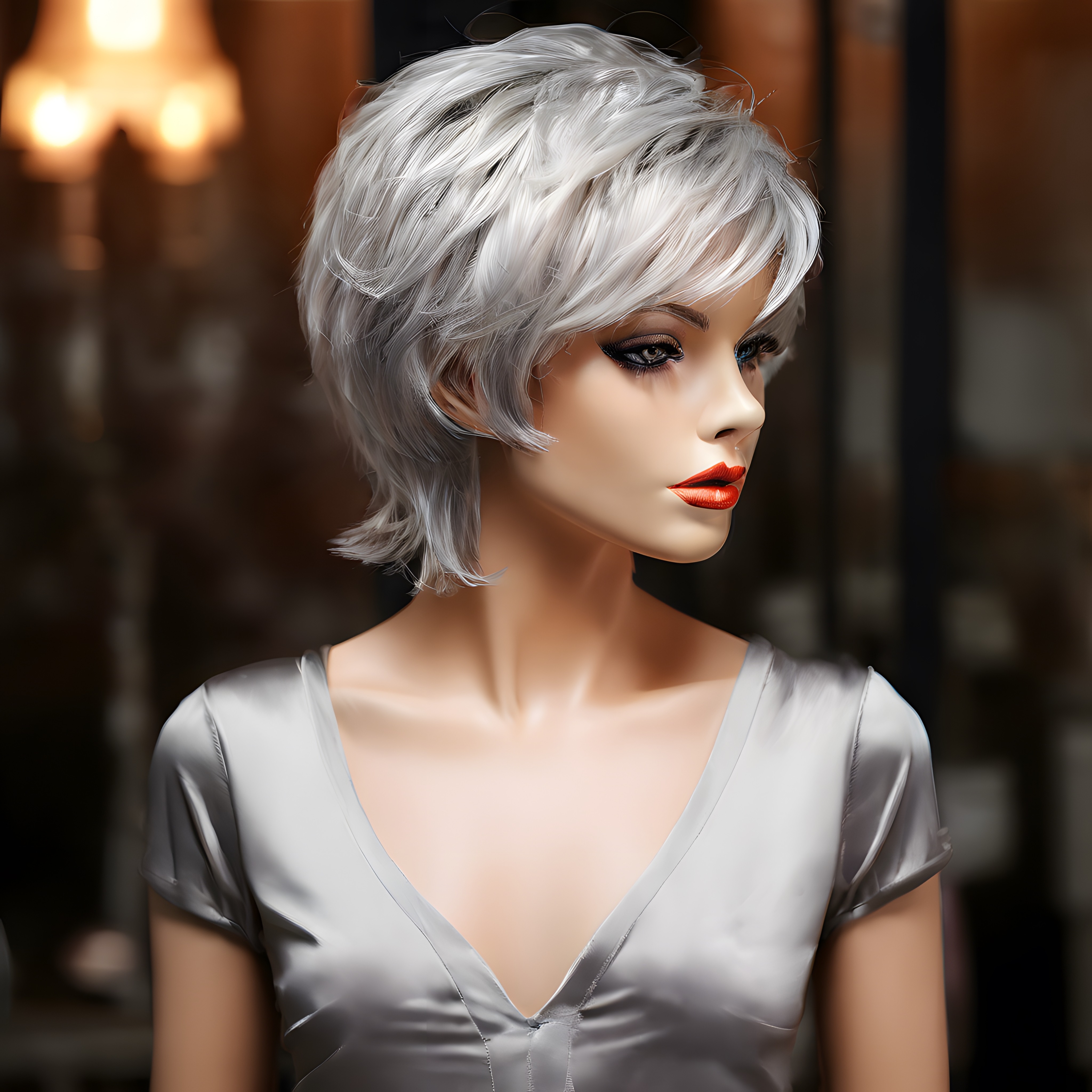 Gece Işıklarında Gümüşi Elbise ve Platin Saçlı Modern Manken Portresi