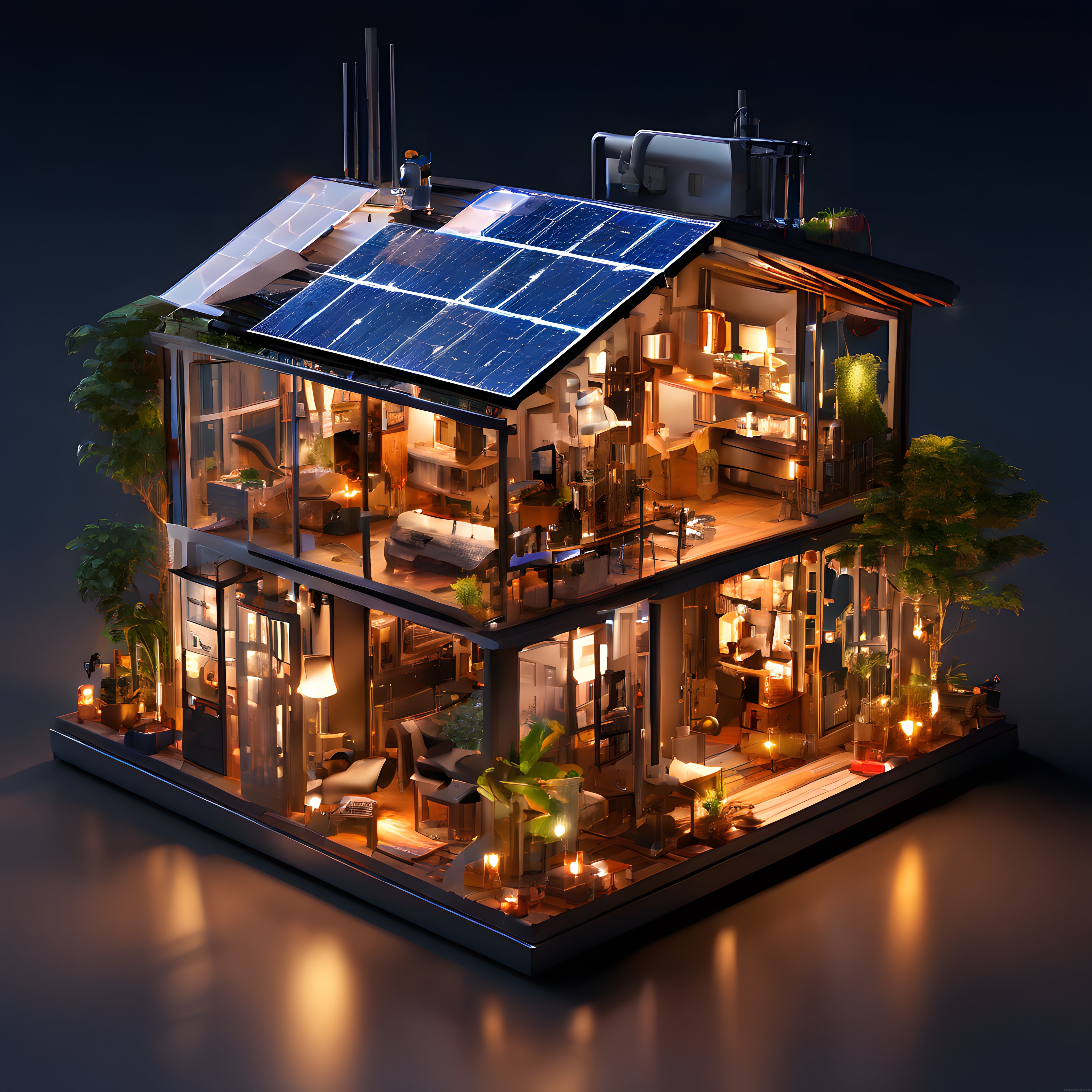 Gece Işıklarıyla Aydınlanan Cam Cepheli Sürdürülebilir Modern Akıllı Ev Modeli