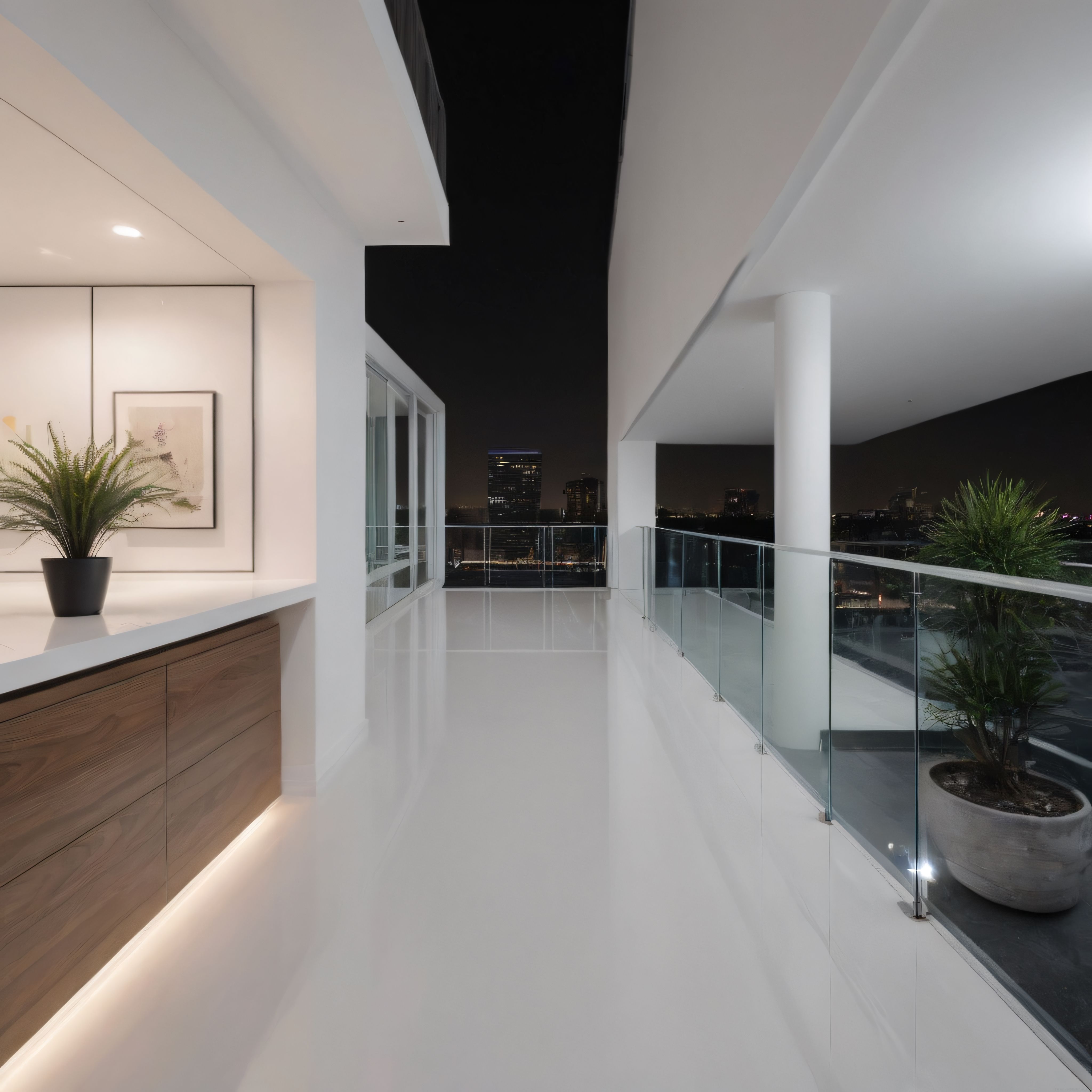 Gece Işıklarıyla Aydınlanan Şehir Manzaralı Modern Lüks Rezidans Balkonu