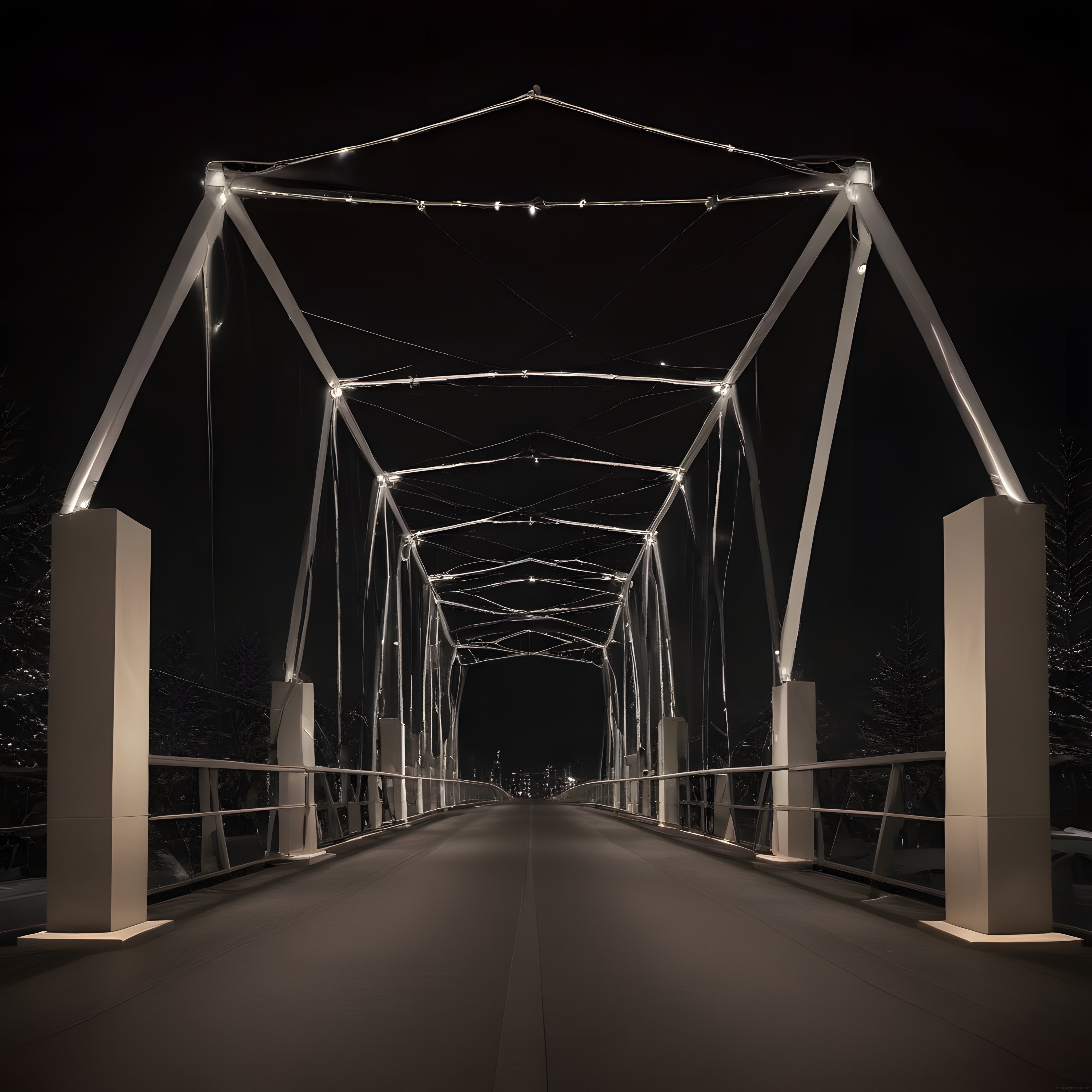Gece Işıklarıyla Süslenmiş Modern Yaya Köprüsünün Etkileyici Mimarisi