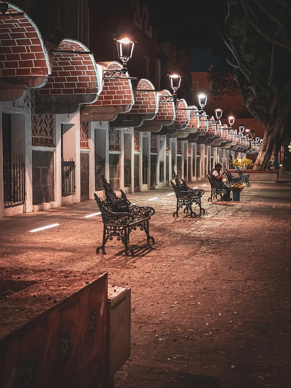 Gece ışıklı Puebla sokak koridoru - yalnız şehir