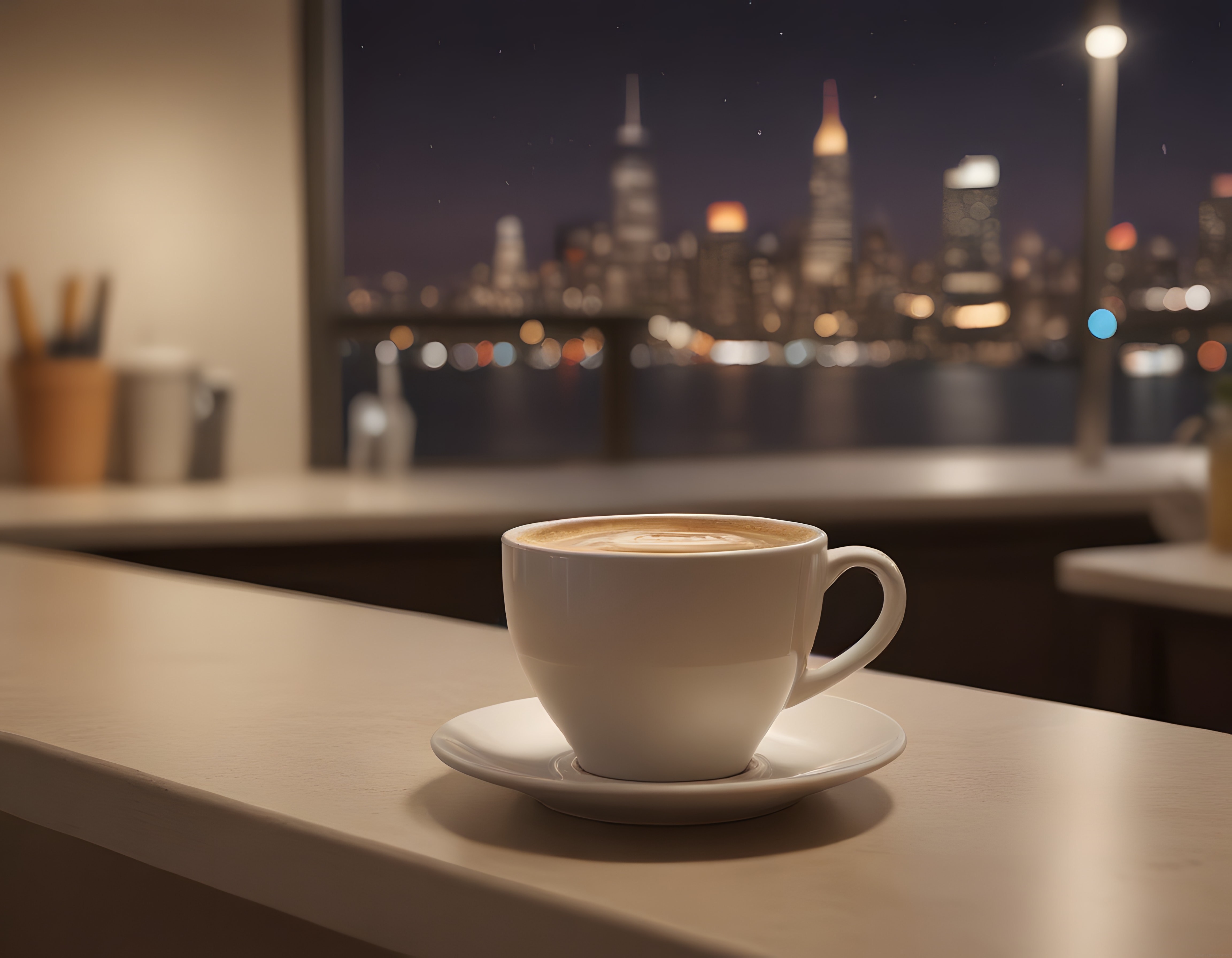 Gece Işıklı Şehir Manzaralı Modern Mutfakta Sıcak Latte Keyfi