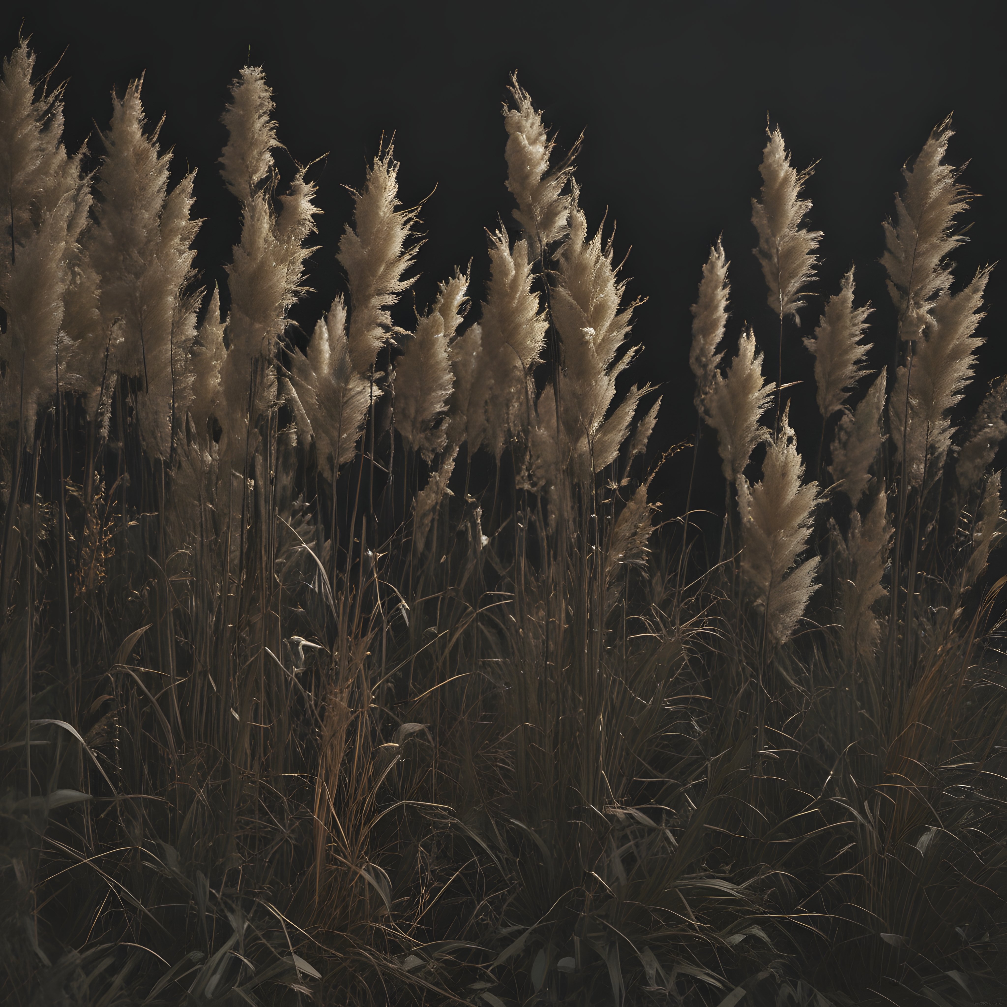 Gece karanlığında yanıp sönen pampas çimenlerinin estetik ve huzurlu atmosferi