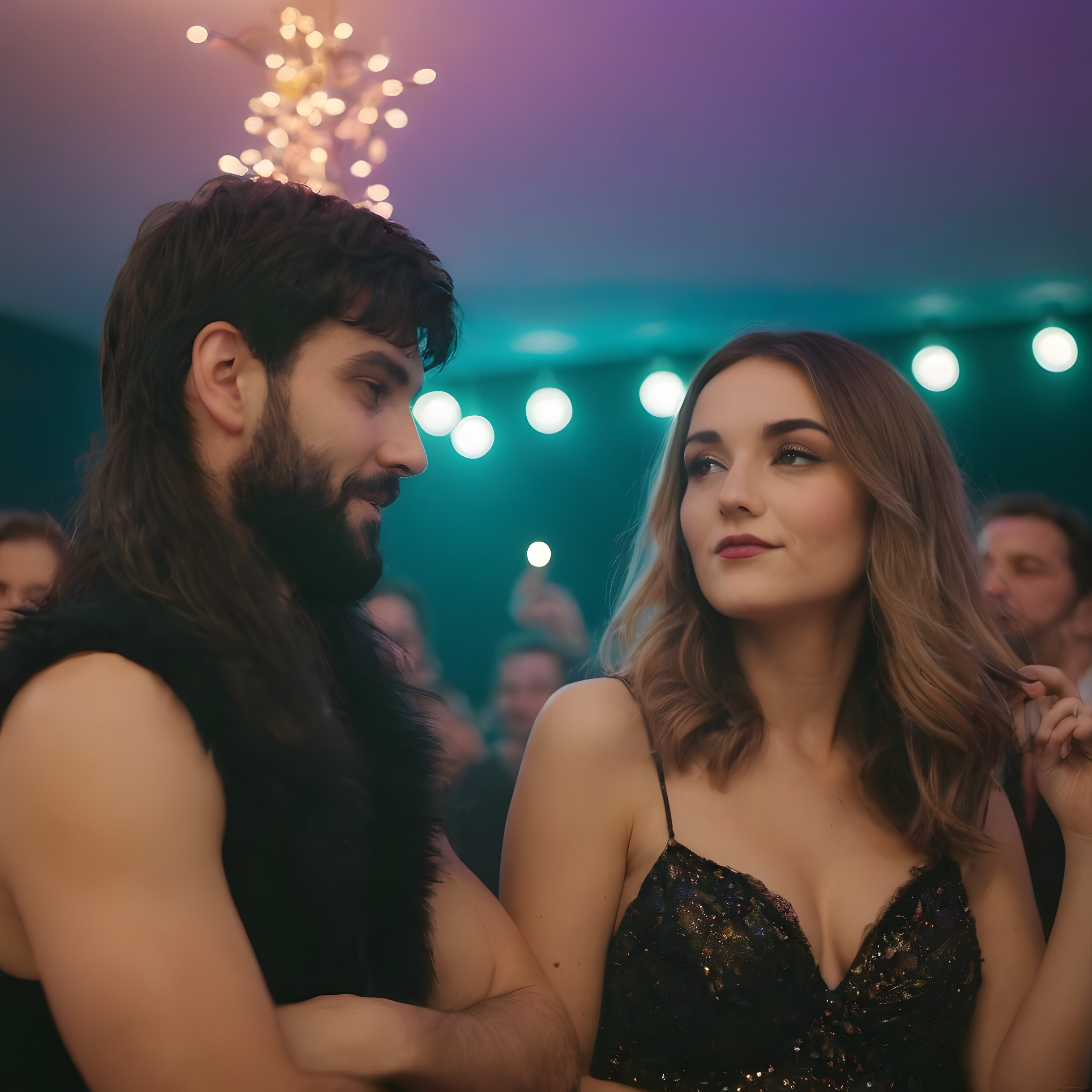 Gece kulübünde birbirine bakan romantik çift ve renkli parti ışıkları